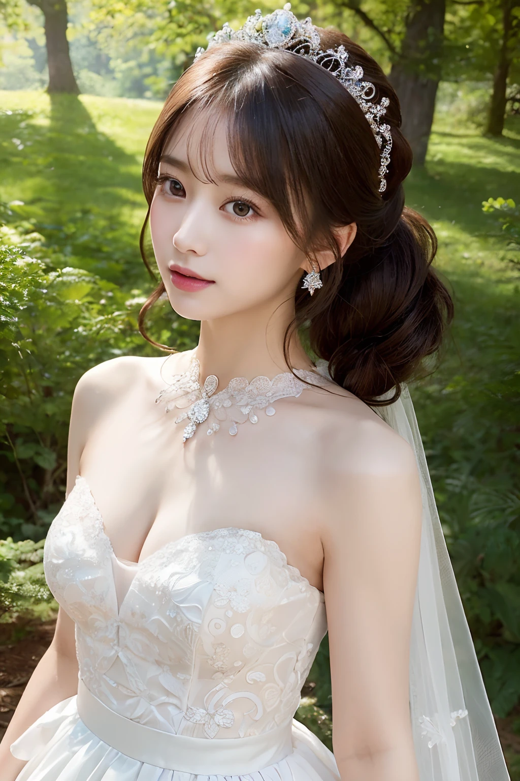 (extremely delicate and beautiful work)、(​masterpiece)、Very detailed princess wedding dresses、halterneck、Bridal tiara、Bridal Veil、poneyTail、A charming expression、Beautiful and clear eyes、Simple blurry background、mare、Ultra-fine painting、delicated face、Delicate figure、thin clavicle、Beautiful lips、、(8K、Raw photography、top-quality、​masterpiece:1.2), (reallistic, Photorealsitic:1.37)、Cute、Professional Lighting, Photon mapping, Radio City,  ((Low Angle Full Body Shot))、[[[Valley]]]、(The background is the forest:1.2)