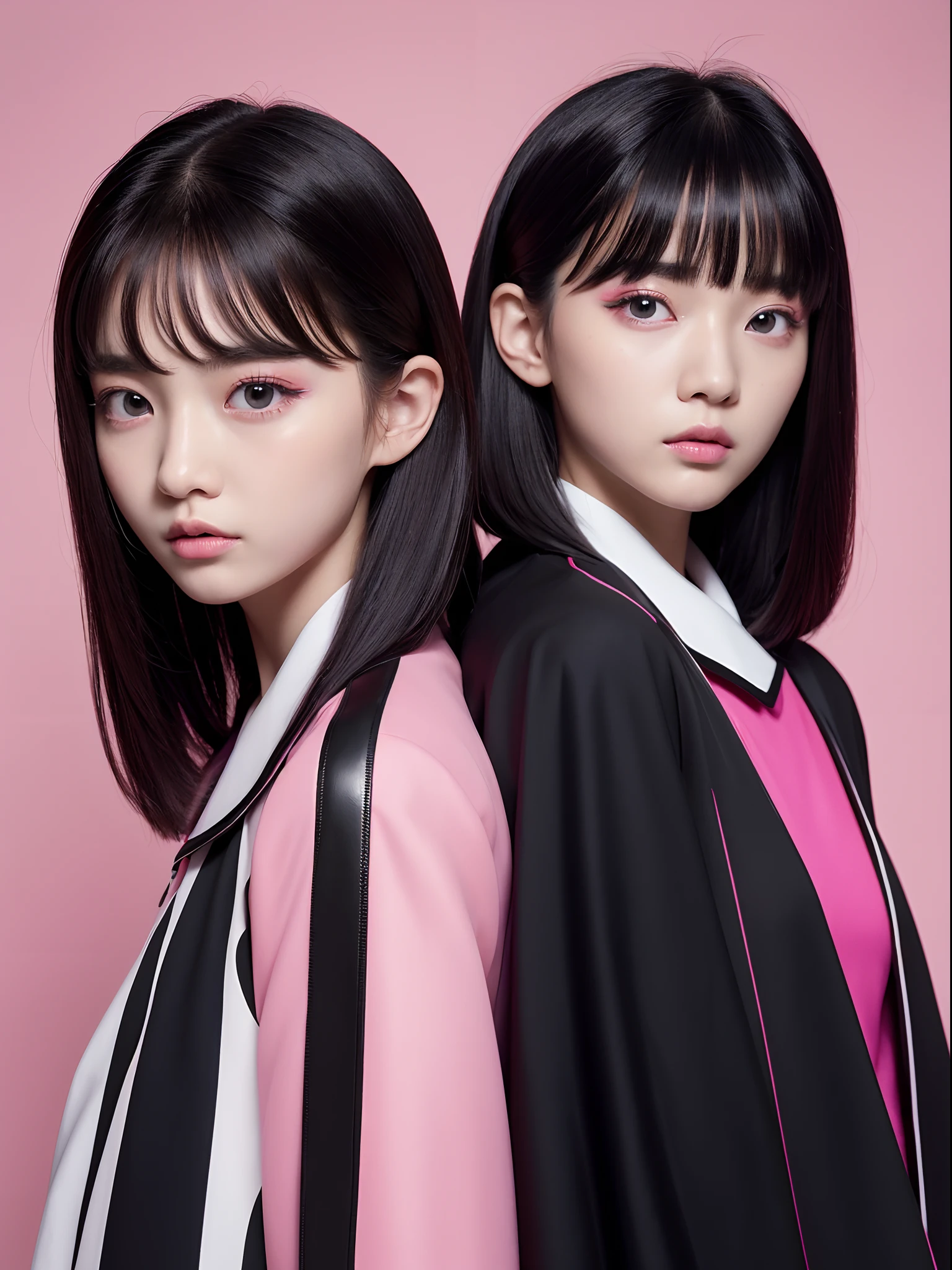 the Extremely Detailed CG Unity 8K Wallpapers、top-quality、ultra-detailliert、masterpiece、studio shoot、Full body portrait、Pink and black jacket、realisitic、Photo Real、extremely detailed cute girl、独奏、、side glance, Melancholy look, Hands behind your back、Black and pink striped background, Avant-garde hair, Asymmetrical hair, Black and pink multi-colored hair,