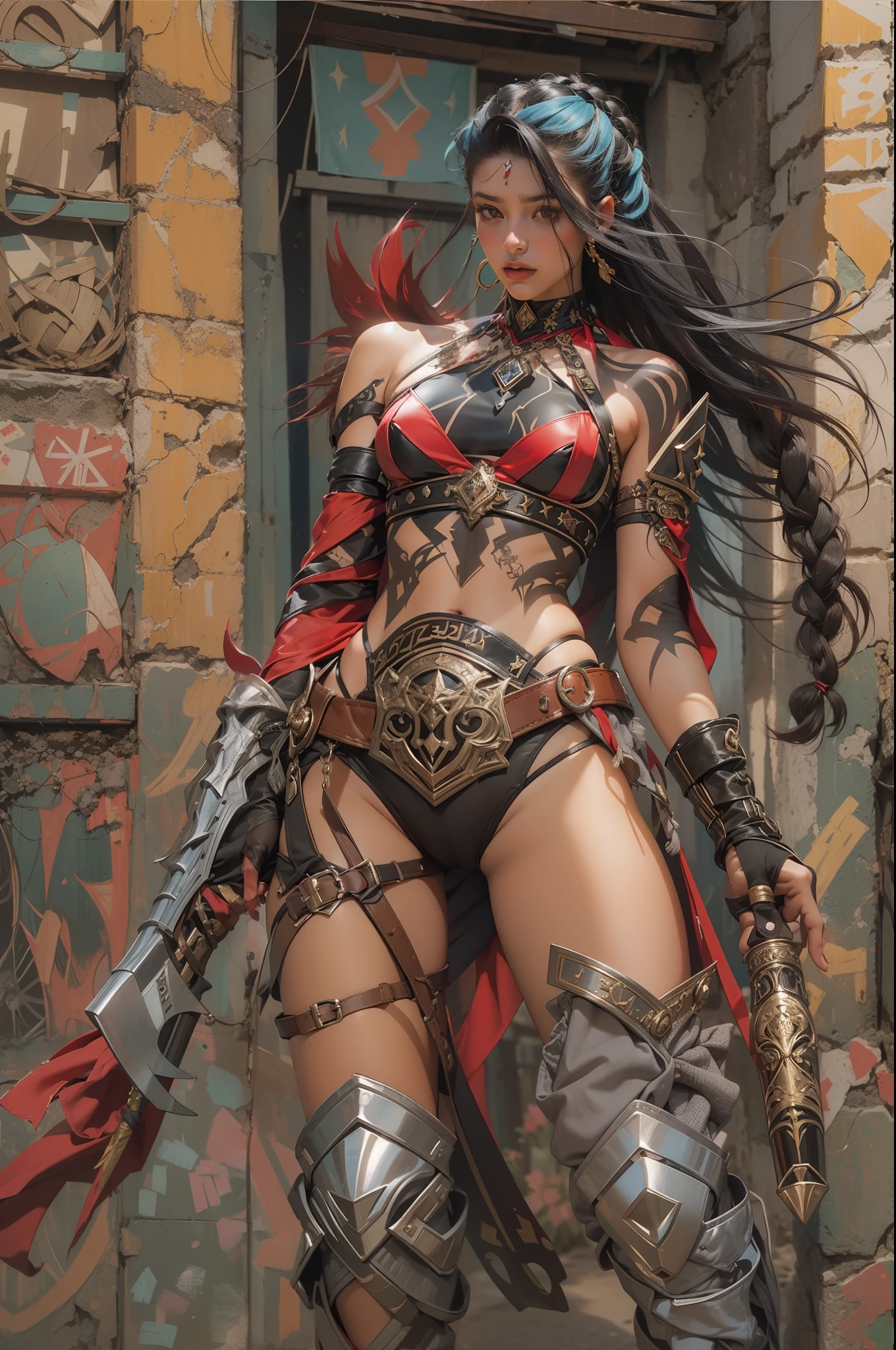 (((mulher))), (((melhor qualidade))), (((obra prima))), (((adulto))), Uma mulher gladiadora loira, of 30 years with athletic body, arabic , capuz, (((sozinho))), (((1girl))) , Gladiadores do Brooklyn, quase nua no estilo selvagem urbano de Simon Bisley para a capa da revista Heavy Metal, cabelos moicanos, pose sensual, tiny leather panties, , Minimum clothing, black and red arabesque pattern, armadura, cheio de pontas e estrelas, (((do joelho pra cima))), mohawk hair with small braids, explosion of colors, Wowdk