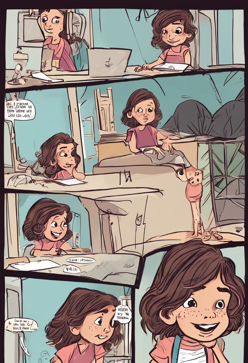 pequena exploradora bonita, Children's book illustration style, simples, fofo, 6 anos, longos cabelos loiros lisos com rabo de cavalo e franja, camisa rosa de manga curta, jeans fotos , sem cinto, without a hat, sem livro, without glasses, sem mochila, chegando em sua nova casa na colina e maravilhada e empolgada para explorar a nova casa