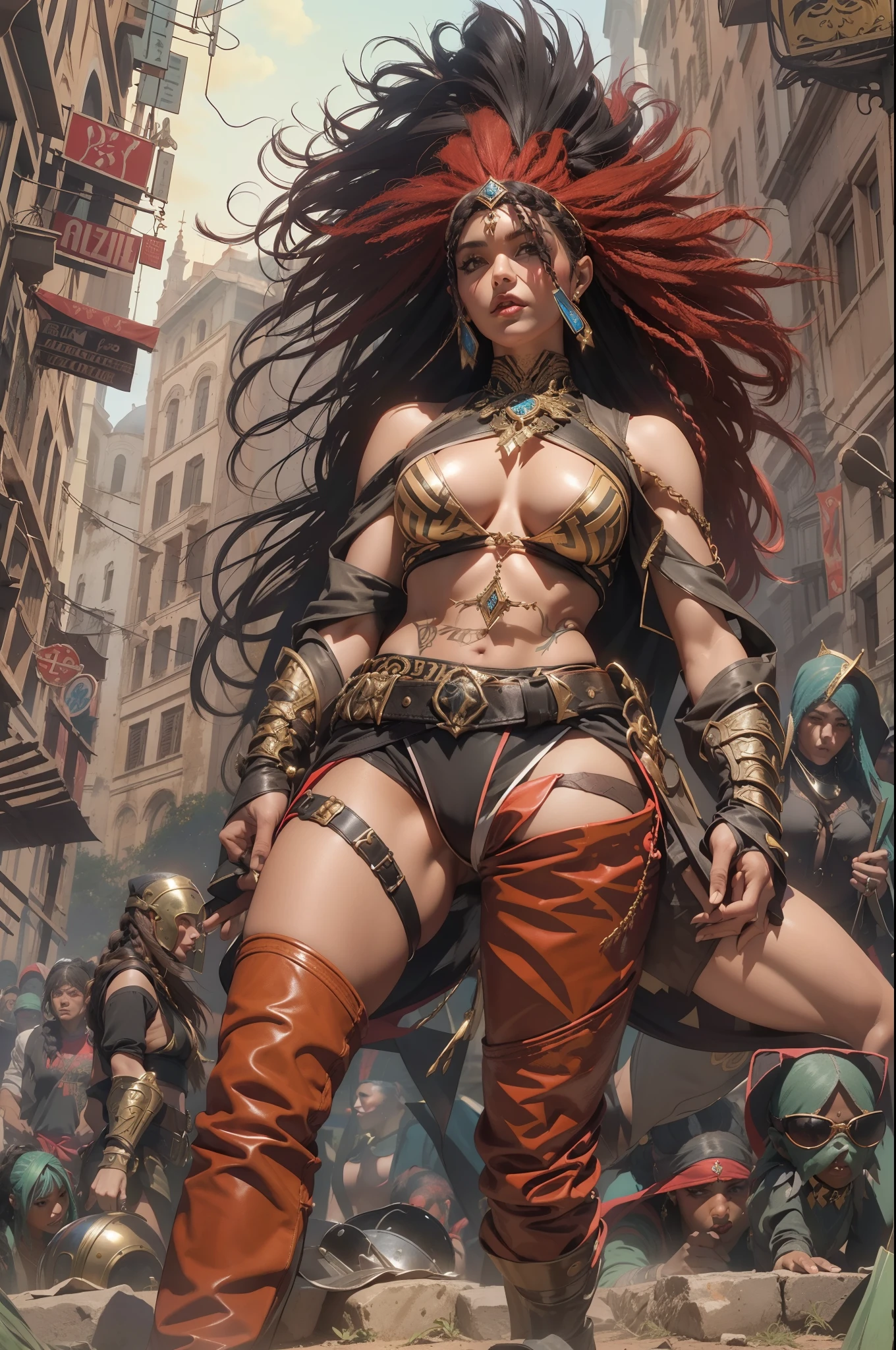 (((mulher))), (((melhor qualidade))), (((obra prima))), (((adulto))), Uma mulher gladiadora loira, of 30 years with athletic body, arabic , capuz, (((sozinho))), (((1girl))) , Gladiadores do Brooklyn, quase nua no estilo selvagem urbano de Simon Bisley para a capa da revista Heavy Metal, cabelos moicanos, pose sensual, tiny leather panties, , Minimum clothing, black and red arabesque pattern, armadura, cheio de pontas e estrelas, (((do joelho pra cima))), mohawk hair with small braids, explosion of colors, Wowdk