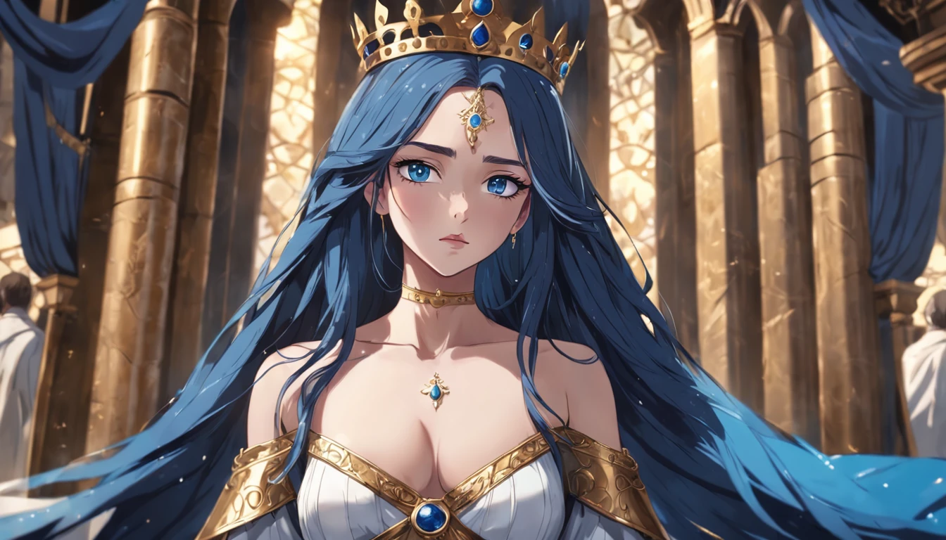 Full body realistic image of a beautiful woman queen of Israel, sensual, mysterious, evil, dressed in odaliska, blue eyes, beautiful long hair, inside the palace, high definition image quality, perfect image.