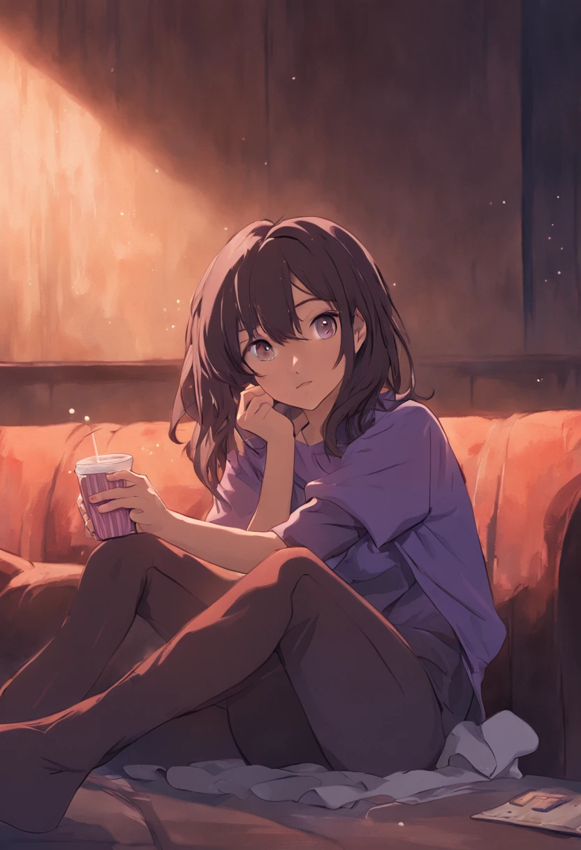 Beautiful 24 year old female drinking coffee, dark brown wavy medium length hair, light brown eyes, sitting on a couch, full view of body and legs as she sits on her legs. She is wearing a purple top with blue jeans. Brick wall behind the couch. silhouette view. She is looking to the left of the image. The couch is front facing. its at night time. full body sitting on couch crisscrossed.