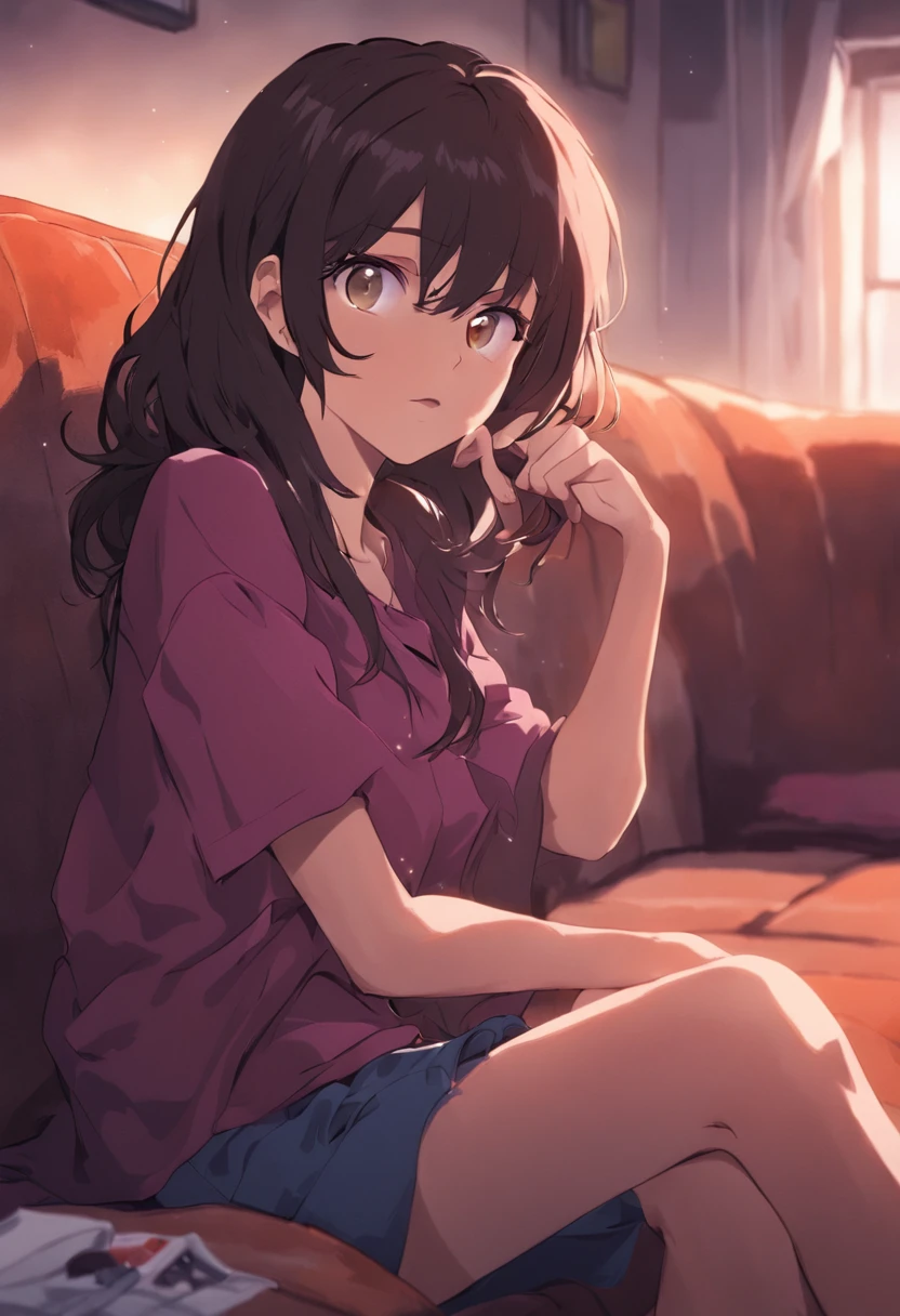 Beautiful 24 year old female drinking coffee, dark brown wavy medium length hair, light brown eyes, sitting on a couch, full view of body and legs as she sits on her legs. She is wearing a purple top with blue jeans. Brick wall behind the couch. silhouette view. She is looking to the left of the image. The couch is front facing. its at night time. full body sitting on couch crisscrossed.