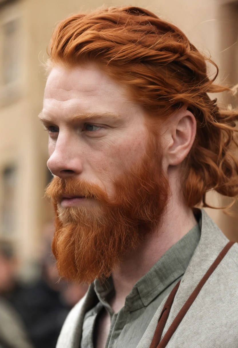 Homem com barba , braided beard redhead dreadlocks, Parece Domhnall Gleeson, flowing ginger hair, barba avermelhada, com cabelos ruivos e olhos verdes, cabelo e pelo de gengibre, red hair and attractive features, cabelo de gengibre, beautiful pale Rome, cabelo longo de gengibre, Complex red braided hair, barba vermelha, armadura, guerreiro medieval,
