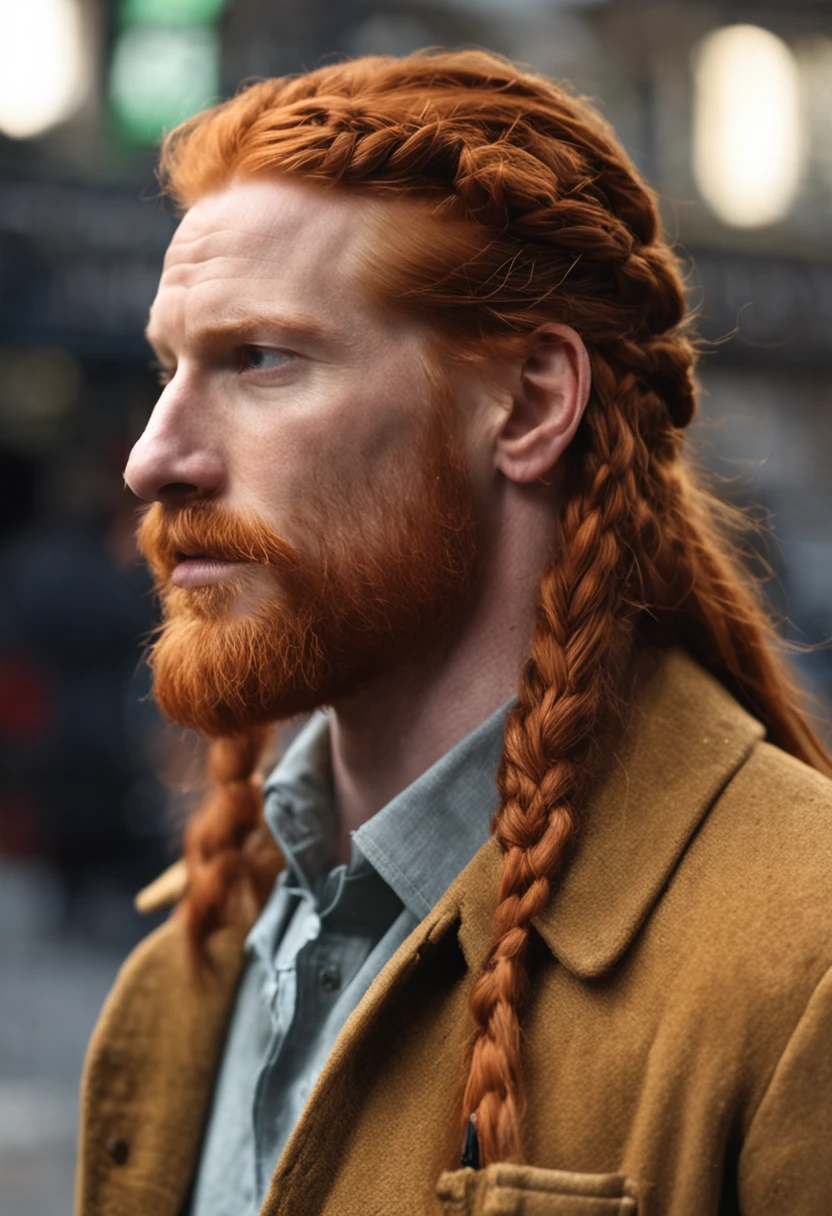 Homem com barba , braided beard redhead dreadlocks, Parece Domhnall Gleeson, flowing ginger hair, barba avermelhada, com cabelos ruivos e olhos verdes, cabelo e pelo de gengibre, red hair and attractive features, cabelo de gengibre, beautiful pale Rome, cabelo longo de gengibre, Complex red braided hair, barba vermelha, armadura, guerreiro medieval,