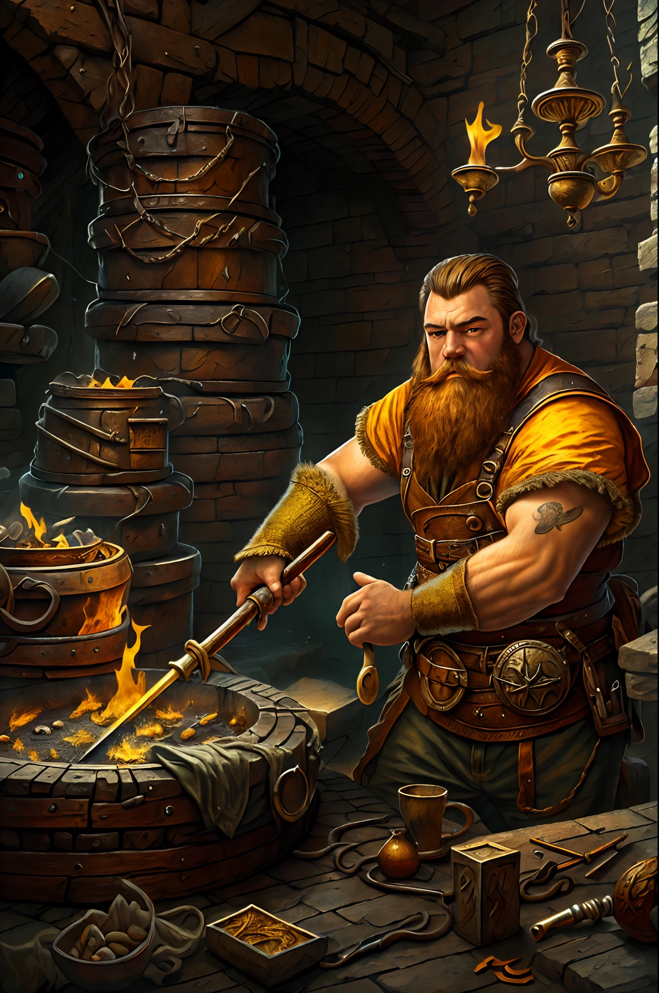 high details, best quality, 16k, RAW, [best detailed], masterpiece, best quality, (extremely detailed), full body, ultra wide shot, photorealistic, fantasy art fantasy_world, RPG art, D&D art, a picture of a dwarf working at his forge (intense details, Masterpiece, best quality), fantasy male dwarf (intense details, Masterpiece, best quality),(intense details, Masterpiece, best quality), brown hair, dynamic eyes color, ultra detailed face (intense details, Masterpiece, best quality), long beard, brown beard, muscular arms, wearing smith apron, holding a hammer in hand, hammer has yellow magical runes, shining GlowingRunes_yello yellowe runes (intense details, Masterpiece, best quality), working the forge (intense details, Masterpiece, best quality), fiery forge (intense details, Masterpiece, best quality), crafting magical metalic sword, dwarven smithy and fiery forge background, fiery red and yellow and orange shadow and light of a fiery orange (intense details, Masterpiece, best quality), High Detail, Ultra High Quality, High Resolution, 16K Resolution, Ultra HD Pictures, Ultra Realistic, Clear Details, Realistic Detail, Ultra High Definition