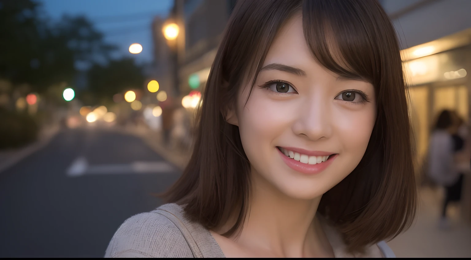 ((top-quality、8K、masterpiece:1.3))、(1girl in)、A smile、full body Esbian、(On the go),Slim Faces、Pretty women、(dark brown hair)、Full-length dresses:1.1、hyperdetailed face、A detailed eye、二重まぶた、blured background、Slim Faces、城市、takeout、a street、japanes