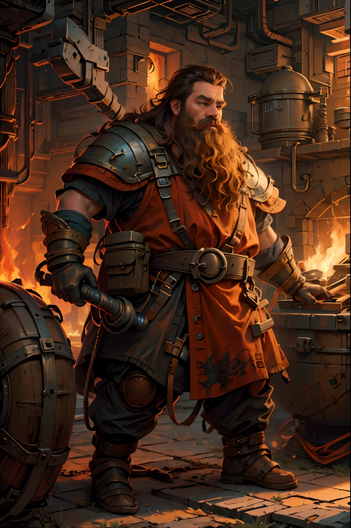 high details, best quality, 16k, RAW, [ua detailed], masterpiece, best quality, (extremely detailed), full body, ultra wide shot, photorealistic, fantasy art fantasy_world, RPG art, D&D art, a picture of a dwarf working at his forge (intense details, Masterpiece, best quality), fantasy male dwarf (intense details, Masterpiece, best quality),(intense details, Masterpiece, best quality), brown hair, dynamic eyes color, ultra detailed face (intense details, Masterpiece, best quality), long beard, brown beard, moscular arms, wearing smith apron, holding a hammer in hand, hammer has mgical runes, shining GlowingRunes_yello yellowe runes (intense details, Masterpiece, best quality), working the forge (intense details, Masterpiece, best quality), fiery forge (intense details, Masterpiece, best quality), crafting magical metalic weapon, dwarven smithy and fiery forge background, shadow and light of a fiery orange (intense details, Masterpiece, fire light best quality), High Detail, Ultra High Quality, High Resolution, 16K Resolution, Ultra HD Pictures, Ultra Realistic, Clear Details, Realistic Detail, Ultra High Definition