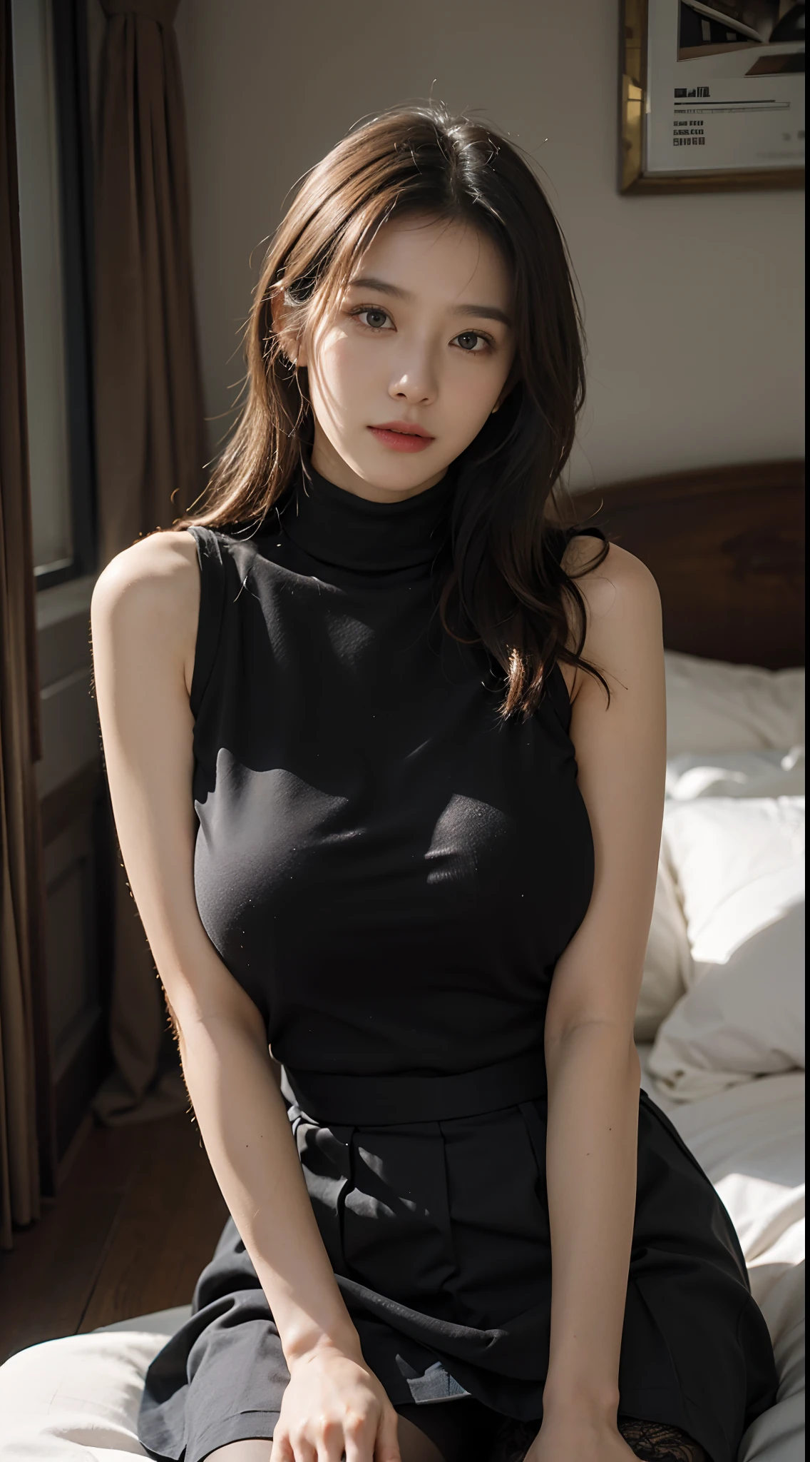 (RAW photo:1.2), (Photorealistic:1.4), （Ray tracing）,Korean female model，Beautiful Meticulous Girl, very detailed eyes and faces, Beautiful detailed eyes, absurderes, unbelievable Ridiculous, hugefilesize, ultra - detailed, A high resolution, The is very detailed，best qualtiy，tmasterpiece，((Black sleeveless turtleneck lace dress))，illustratio，The is very detailed，CG，unified，8k 壁纸，Amazing Cleavage，finely detailled，tmasterpiece，best qualtiy，The is very detailed的 CG unified 8k 壁纸，light in face，cinmatic lighting, 1girll, 16 yaers old,Long white hair，(huge tit)，((pantyless))，(wears glasses)，((Pantyhose))，(((Black hip skirt)))