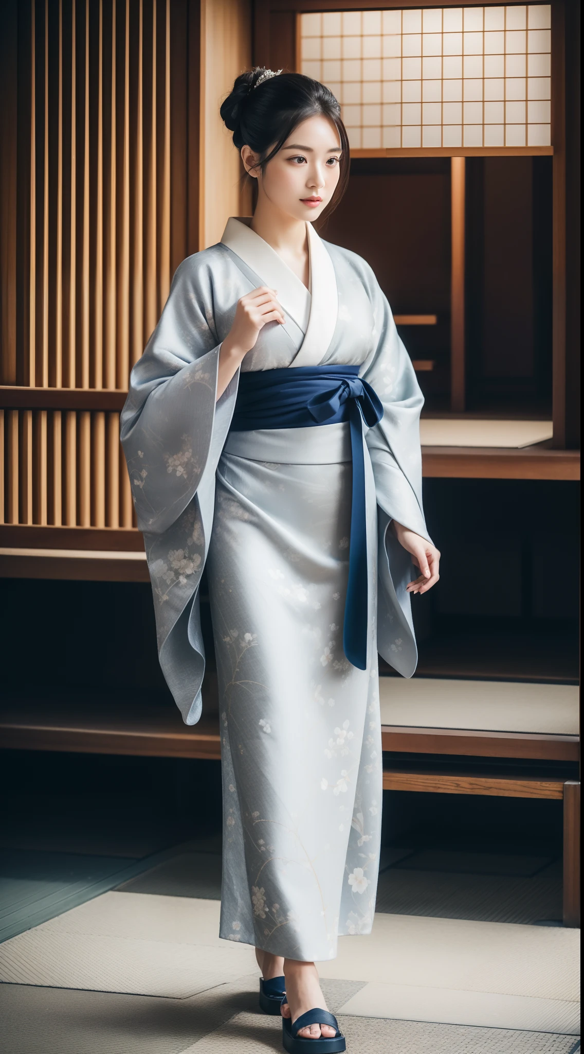 (masterpiece,best quality:1.4),(8k,raw photo,photo realistic:1.2),(full-body shot:1.2), beautiful woman in wearing kimono, kimono features a sleek and sophisticated design, with a deep navy base adorned with abstract silver thread patterns woven intricately, sophisticated black updo hair, undisturbed by the wind, delicate facial , refined brows,almond-shaped eyes, rosy lips, traditional Japanese footwear at her feet, walk in kyoto city,shiny skin,detailed skin,detailed face,detailed eyes, beautiful face,