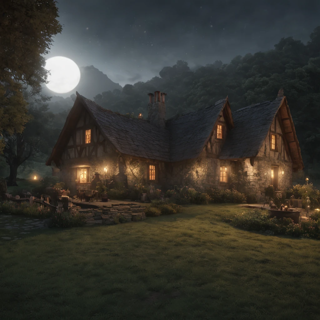 (Professional 3D rendering:1.3) de (Realistic:1.3) Foto de arte mais bonita do mundo，Apresenta small village surrounded by forest, night time, hobbits, grassy, dusk, Lord of the Rings, green white black color palette , (vibrante, fotogrdeia realista, Realistic, Dramatic, Escuro, foco nítido, 8k), --ar 16:9, pintura digital, rendering by octane, art stations, Conceito-Arte, liso, foco nítido, illustration, germe da arte, (Loish:0.23), Wlop Ilya Kuvshinov, e Greg Rutkowski e Alphonse Mucha Gracias, (global ilumination, studiolight, Light Volumetric), chuva forte, floating particles, patife, fantasia, Onze, corpo inteiroesbian, ((Fundo escuro e antigo da cidade:1.3)),CGSesociedade,art stations, night time,
