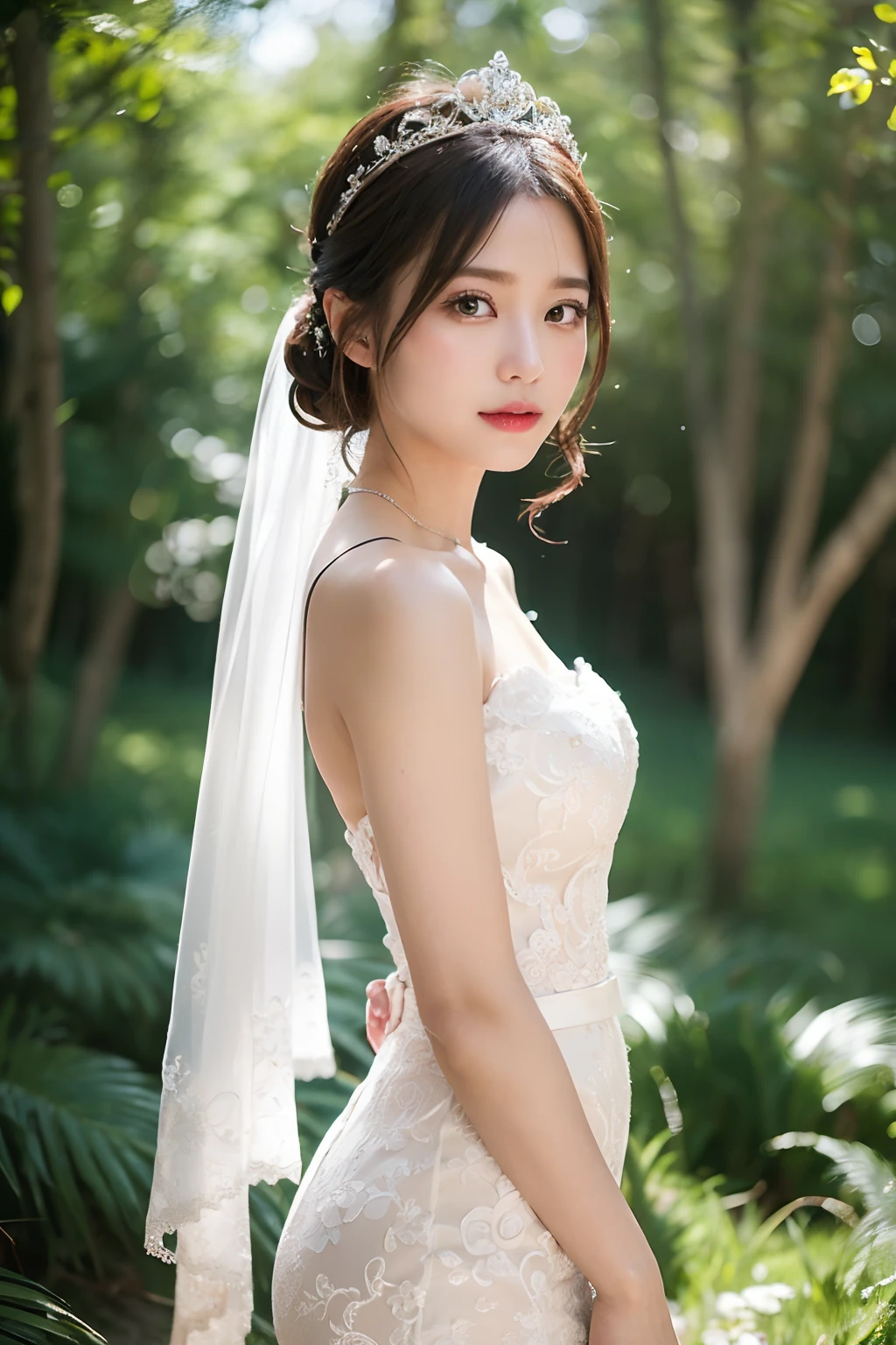 (extremely delicate and beautiful work)、(​masterpiece)、Highly detailed mermaid wedding dresses、halterneck、Bridal tiara、Bridal Veil、poneyTail、A charming expression、Beautiful and clear eyes、Simple blurry background、mare、Ultra-fine painting、delicated face、Delicate figure、thin clavicle、Beautiful lips、、(8K、Raw photography、top-quality、​masterpiece:1.2), (reallistic, Photorealsitic:1.37)、Cute、Professional Lighting, Photon mapping, Radio City,  ((Low Angle Full Body Shot))、[[[valley]]]、(The background is the forest:1.2)