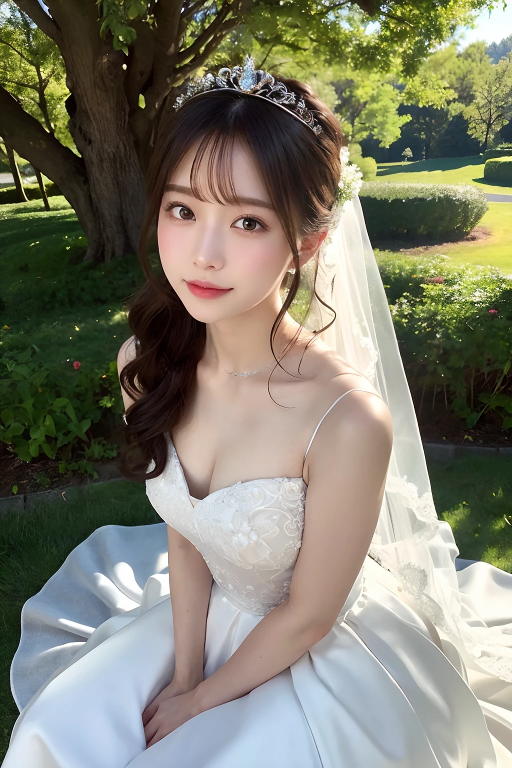 (extremely delicate and beautiful work)、(​masterpiece)、Highly detailed wedding dresses、Boat neck、Bridal tiara、Bridal Veil、poneyTail、A charming expression、Beautiful and clear eyes、Simple blurry background、mare、Ultra-fine painting、delicated face、Delicate figure、thin clavicle、Beautiful lips、、(8K、Raw photography、top-quality、​masterpiece:1.2), (reallistic, Photorealsitic:1.37)、Cute、Professional Lighting, Photon mapping, Radio City,  ((Low Angle Full Body Shot))、[[[Deep valley]]]、(The background is the forest:1.2)