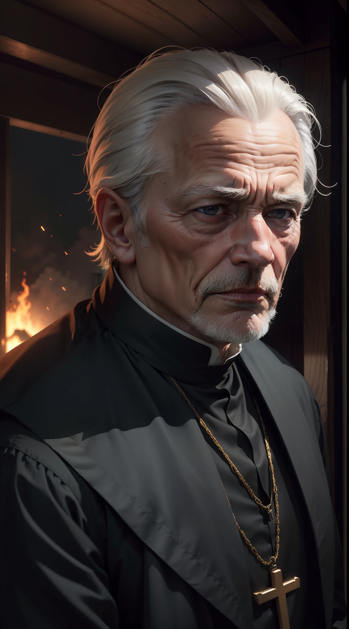 a older priest watches a house that is on fire, its burning, there is a lot of fire and flames, it's night time, dark, fog, full moon, close up of face, 1600s