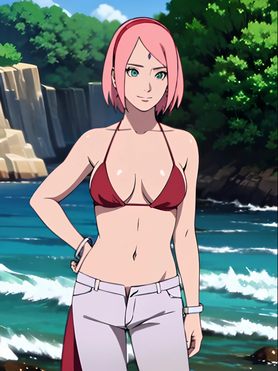 masterpiece, 4k, portrait, cowboy shot, professional artwork, detailed beach background, intricate details, colorful, digital blending, (ultra detailed body, ultra detail hair, ultra detail face), trending on pixiv, kind smile, best quality, anime style: 1.9, 1girl, hires, haruno sakura, (forehead mark, milf, red hairband, pale skin, small breasts, short hair, ((bare neck, red (micro) bikini top, (bikini top only)), white pants), (navel, belly button, bracelet, pink hair, closed mouth, big eyes), smile, beach, wind, floating hair, detailed arms, off-shoulders, broad shoulders, (slightly muscular arms, slightly strong biceps), (dirty armpits, armpit pocket), standing)