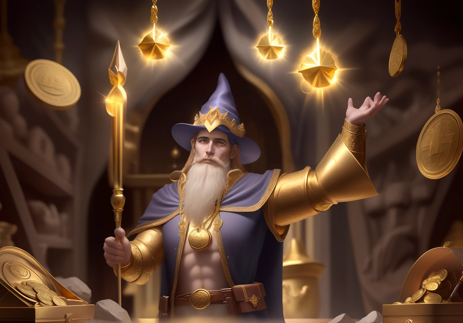 Perfectly make the same wizard of the photo in high deification and perfection with golden staff,Treasure chest and gold coins in the same environment,coloque joias diamantes e brilhantes super realista