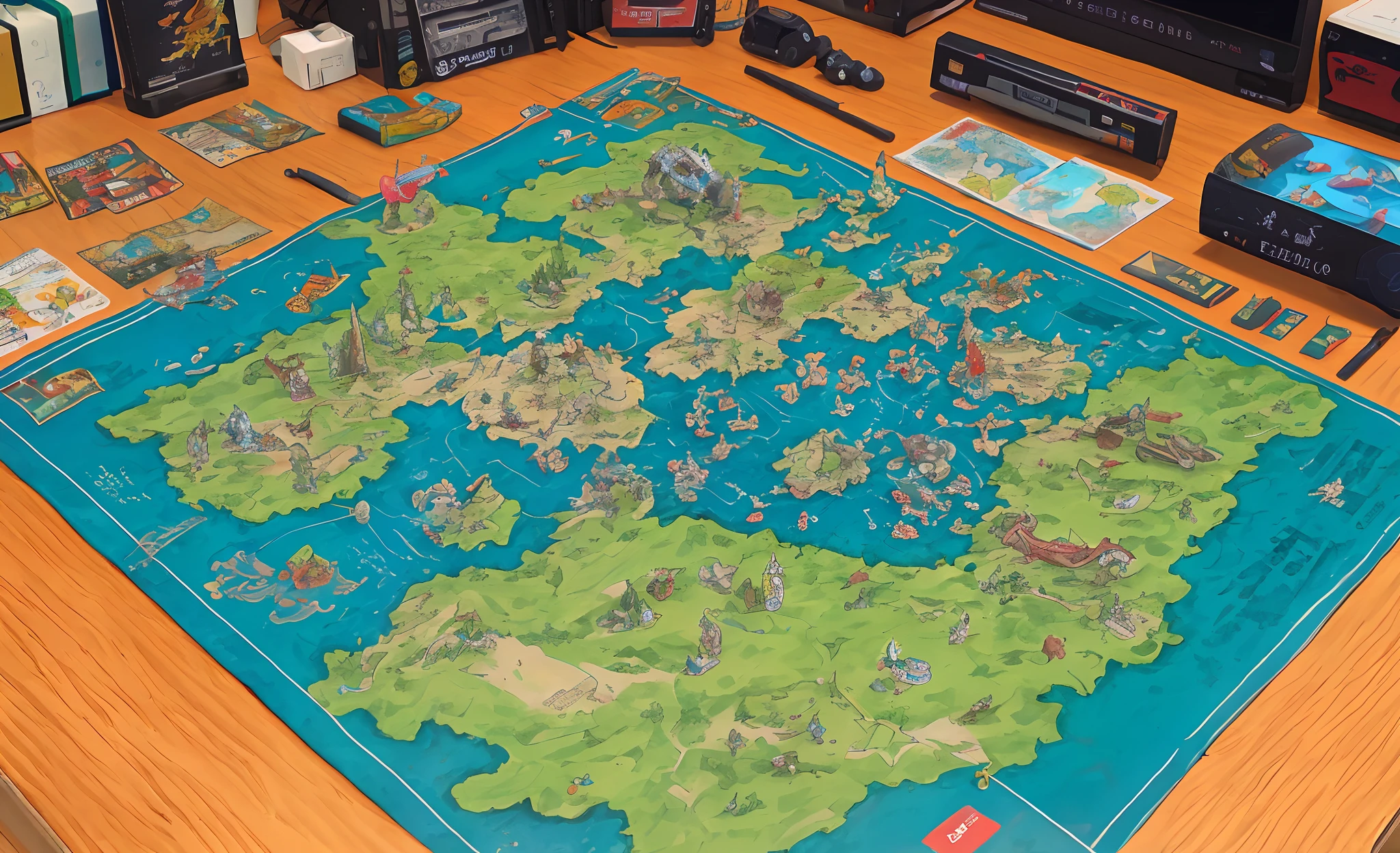 RPG table, with a map, sword, dragon toy ,retro videogame boxes, mecha robot toy