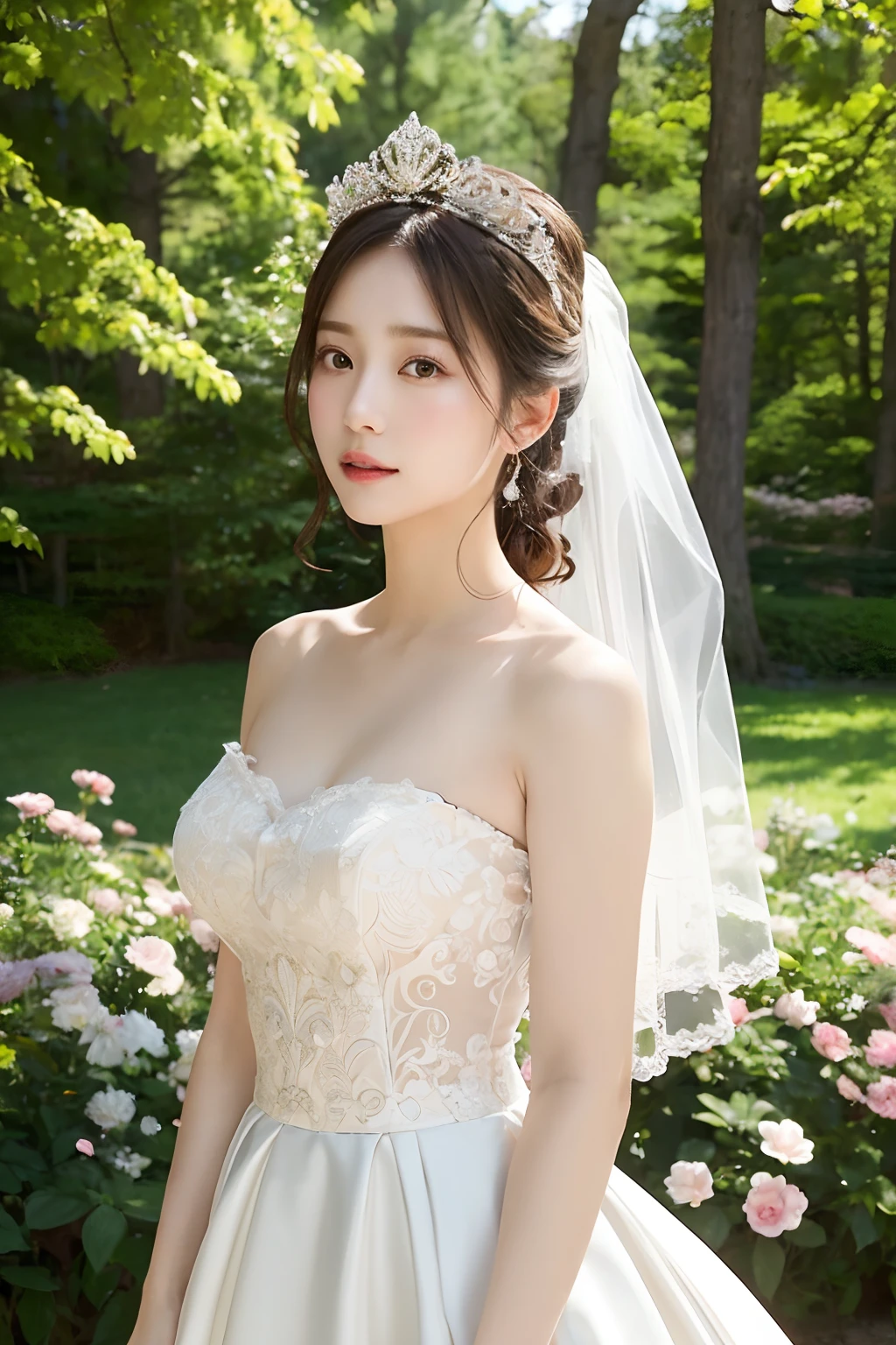 (Sweat:0.7),pale yellow wedding dress,White short skirt,woman,Japanese,Beautiful Face, Beautiful Face,Exposing shoulders,The shoulders are slightly exposed,Translucent skin,Iris,Black Hair,(Realistic:1.4),Realistic details, High resolution,Bokeh,Excellent details