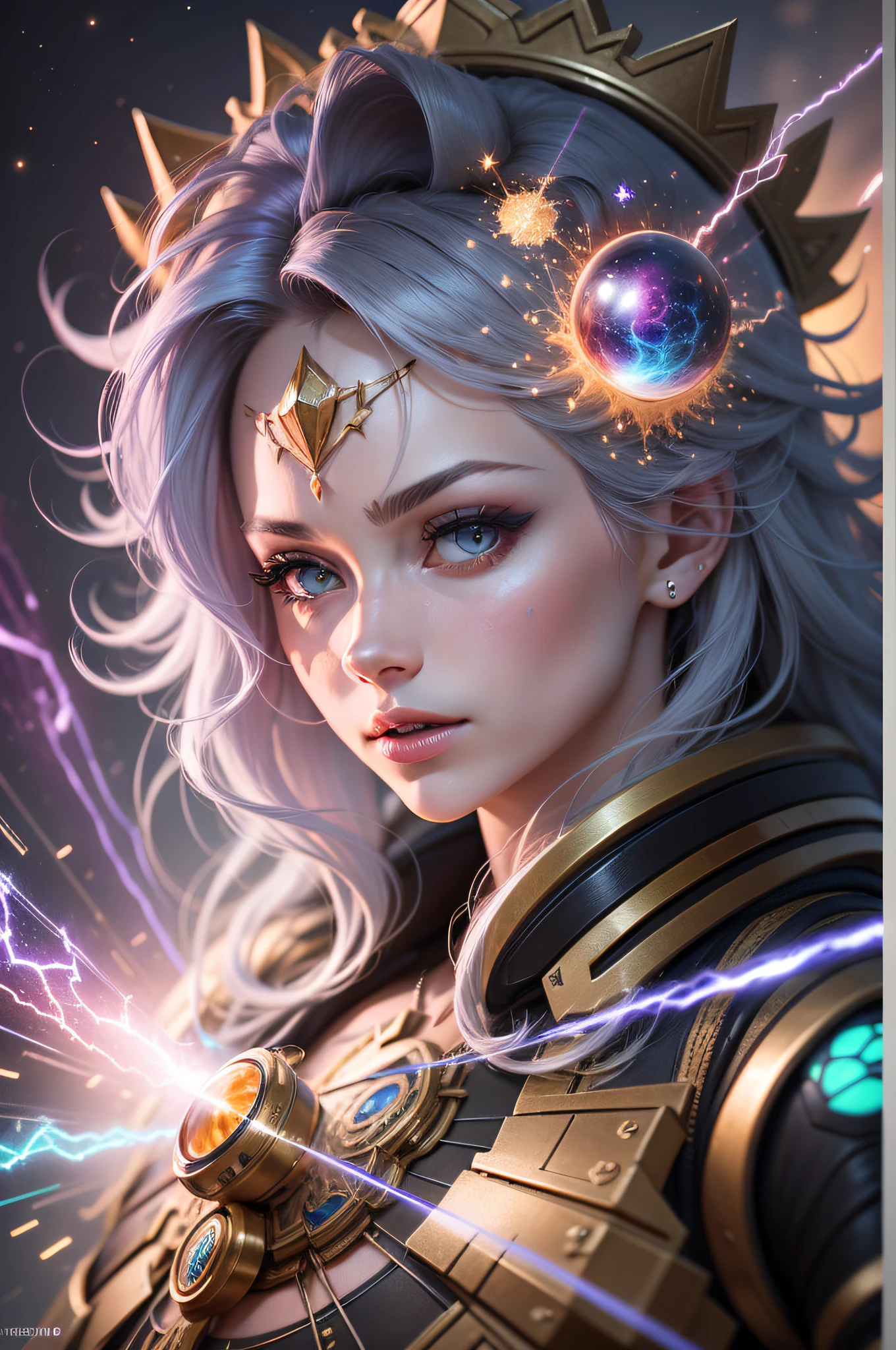Algorithmically enhanced random close-up view of a sublime female Goddess covered in powerful Ultra Arcane magic sigils wearing an intricate living lightning fractal crown and lavishly adorned attire reflecting tactical sun-motes and diamond moon shards, quasi-cosmic vortex sub-model, bright nebulae in the background, 7th-Sphere characterized, golden ratio-ed, inner bio-illuminated geometry, starkest contrast,flagrantly fibonacci formulated, dynamic bi-lateral asymmetry, super-critically unique, quantum feedback algorithm frenzy, hyper-realistic, post singularity AI imperative, ironically staggered data set, active 3D shading, lighting and focus, random 3D particle effects, rule of thirds, Unreal Engine 10, art station, Maximum Level of detail, concept art, artstation trending,, 8k, Iridescent Primalight, Hawking radiation collector with lucidity crystallizer and grade A temporal accumulator, spontaneous Kozyrev Mirror refraction, cosmic ray visionary, innate Jail Break Protocol