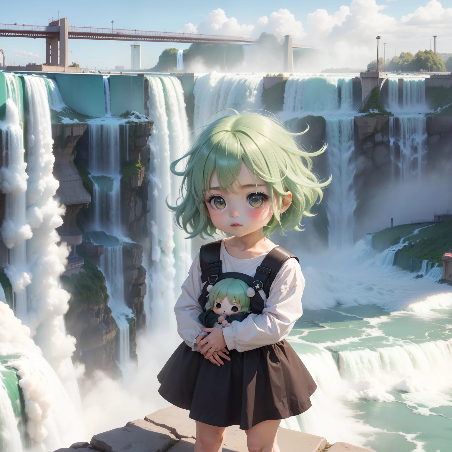 Cute Baby Chibi Anime,Pleasant look,fluffy green hair,Green and blue long length,(Niagara Falls:1.2)