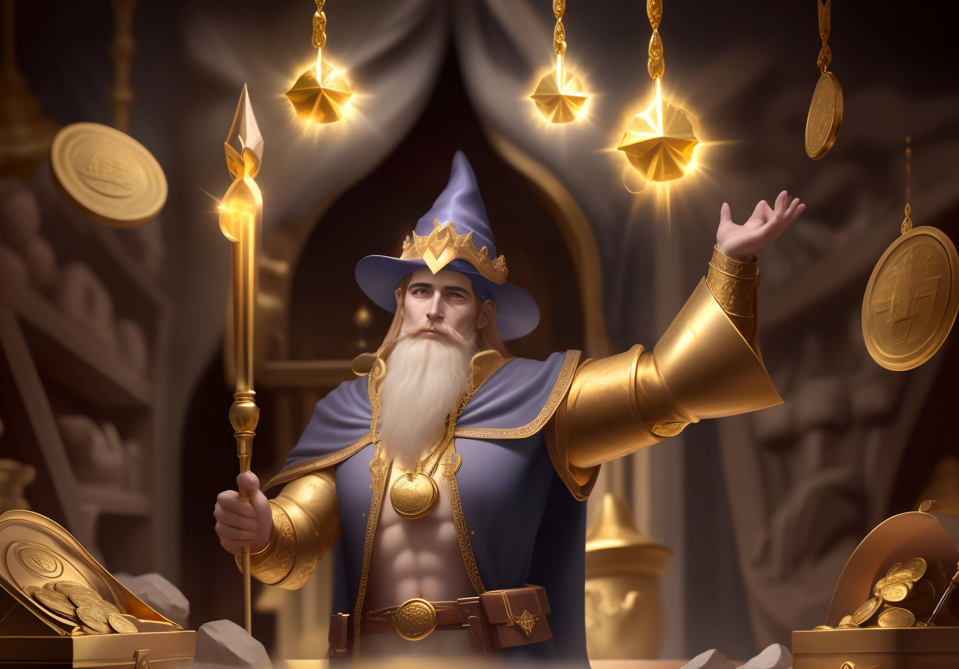 Perfectly make the same wizard of the photo in high deification and perfection with golden staff,Treasure chest and gold coins in the same environment,coloque joias diamantes e brilhantes super realista