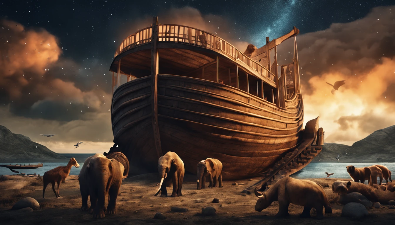 close up on Noah next to the ark, Dark sky and many animals around the ark, ULTRARREALISTA