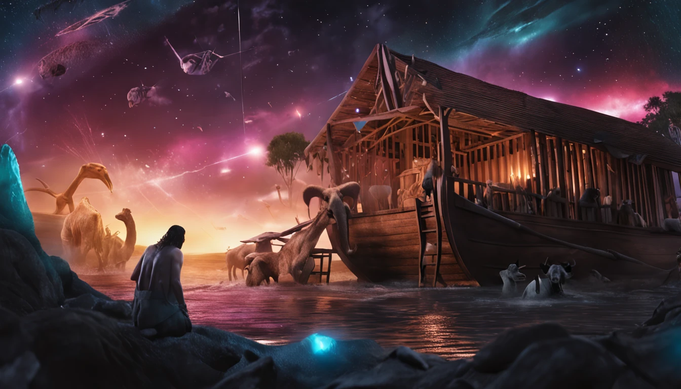 close up on Noah next to the ark, Dark sky and many animals around the ark, ULTRARREALISTA