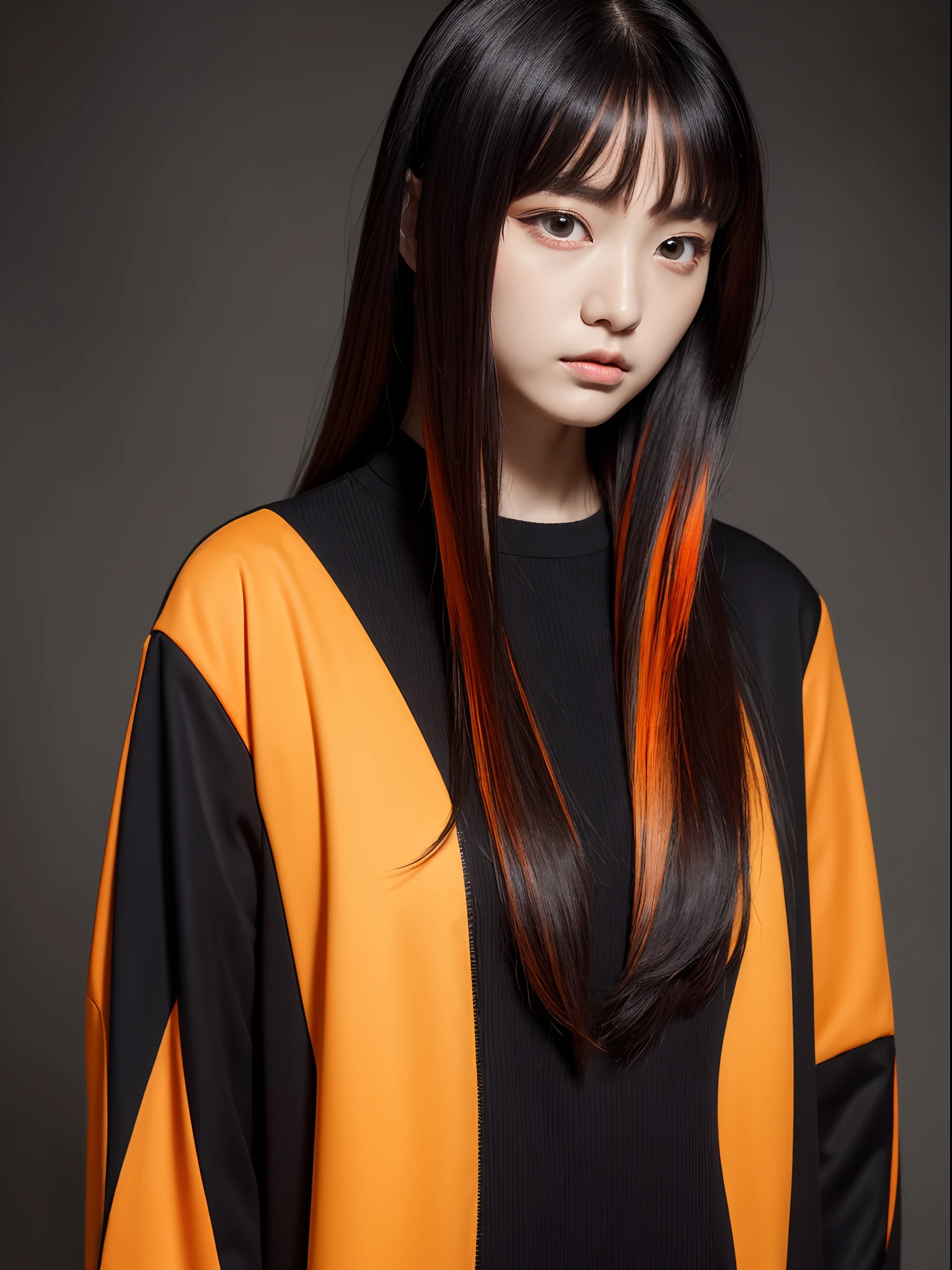 the Extremely Detailed CG Unity 8K Wallpapers、top-quality、ultra-detailliert、masterpiece、studio shoot、Full body portrait、Orange and black jacket、realisitic、Photo Real、extremely detailed cute girl、独奏、sixteen years old、side glance, Melancholy look, Hands behind your back、Black and orange stripe background, Avant-garde hair, Asymmetrical hair, Black and orange multi-colored hair,
