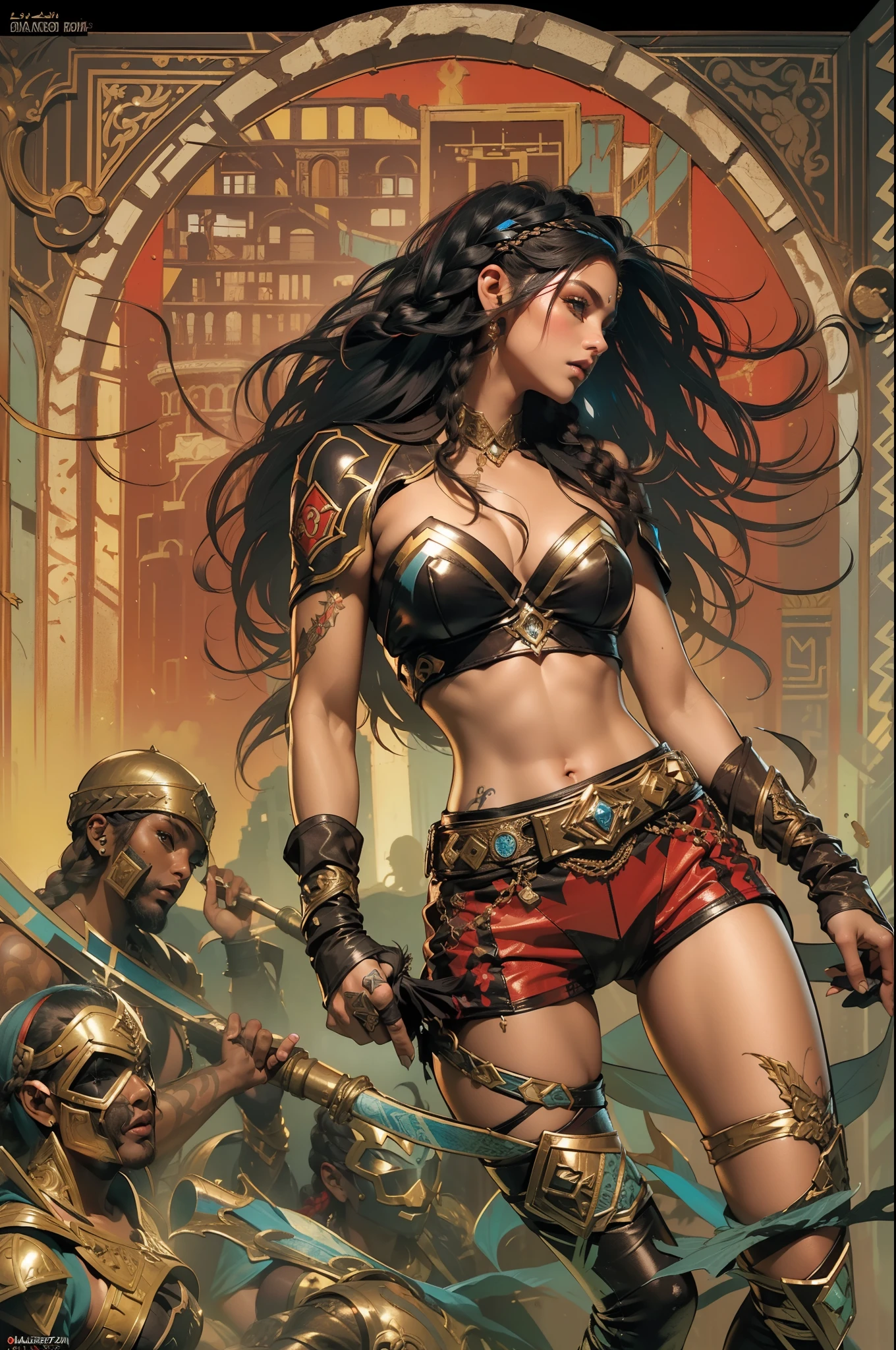 (((mulher))), (((melhor qualidade))), (((obra prima))), (((adulto))), Uma mulher gladiadora loira, of 30 years with athletic body, arabic , capuz, (((sozinho))), (((1girl))) , Gladiadores do Brooklyn, quase nua no estilo selvagem urbano de Simon Bisley para a capa da revista Heavy Metal, cabelos moicanos, pose sensual, tiny leather panties, , Minimum clothing, black and red arabesque pattern, armadura, cheio de pontas e estrelas, (((do joelho pra cima))), mohawk hair with small braids, explosion of colors, Wowdk