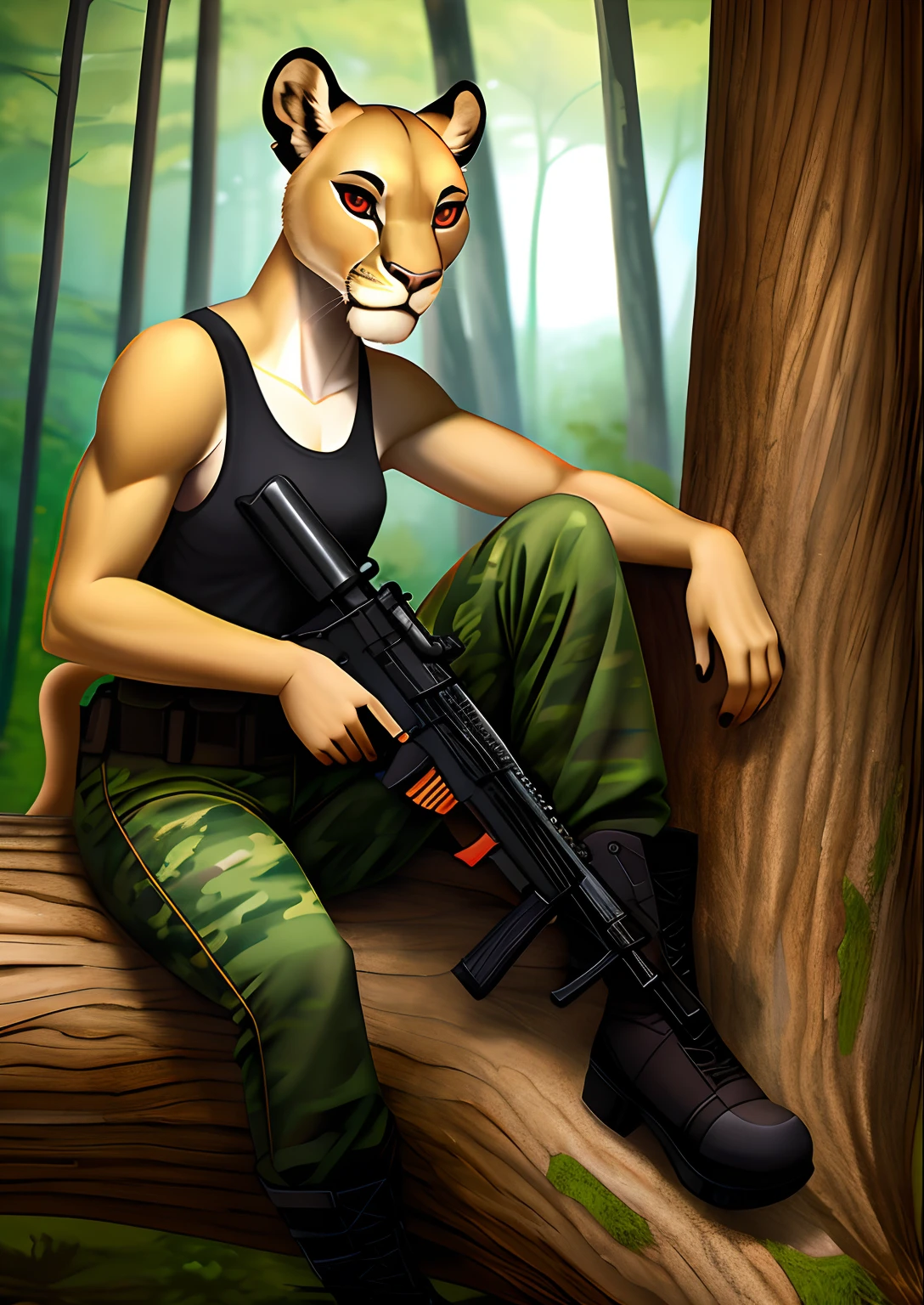 anthropomorphic, female, lioness, red eyes, wearing a white tank top, green camouflage pants, black boots, notched left ear, sitting on a tree trunk in the middle of a forest, looking at the viewer, neutral expression, holding an assault rifle AK-47, digital art, best quality, highly detailed, masterpiece,