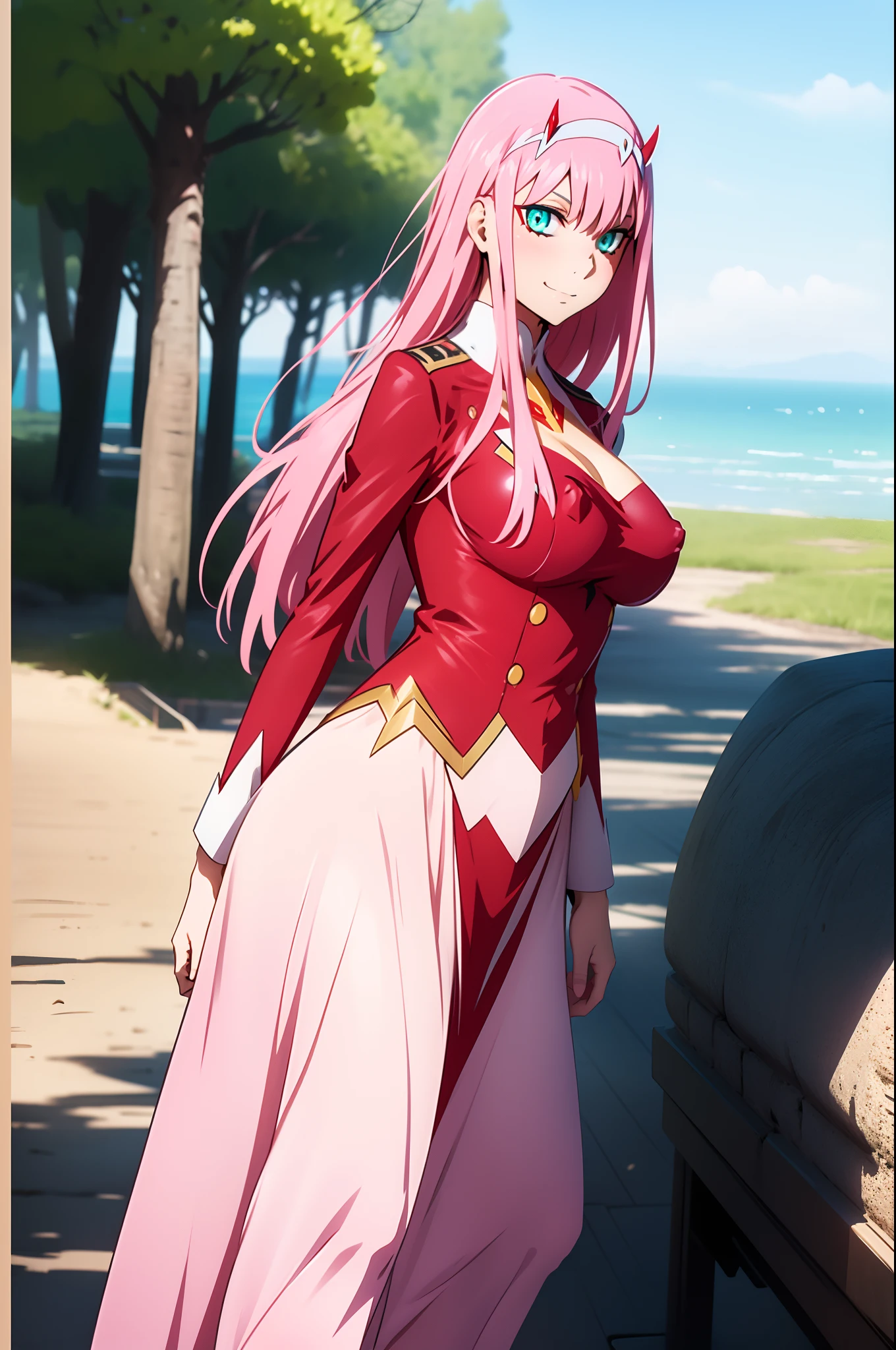 masterpiece, best quality, 1girl, looking at viewer, cute, beach, sunlight, ocean, medium breasts, thighhighs, black thighhighs, green eyes, zero two \(darling in the franxx\), pink hair, beautiful detailed eyes, beautiful detailed glow, lots of glow, arms behind head, embarrassed,, long dress, walking, long skirt, modest, victorian clothing, lodress, pants, smile, big breast, long skirt, skirt, pants, flipflops, closed vest, closed pullover, closed skirt, closed long skirt, closed large skirt, full body, village forest