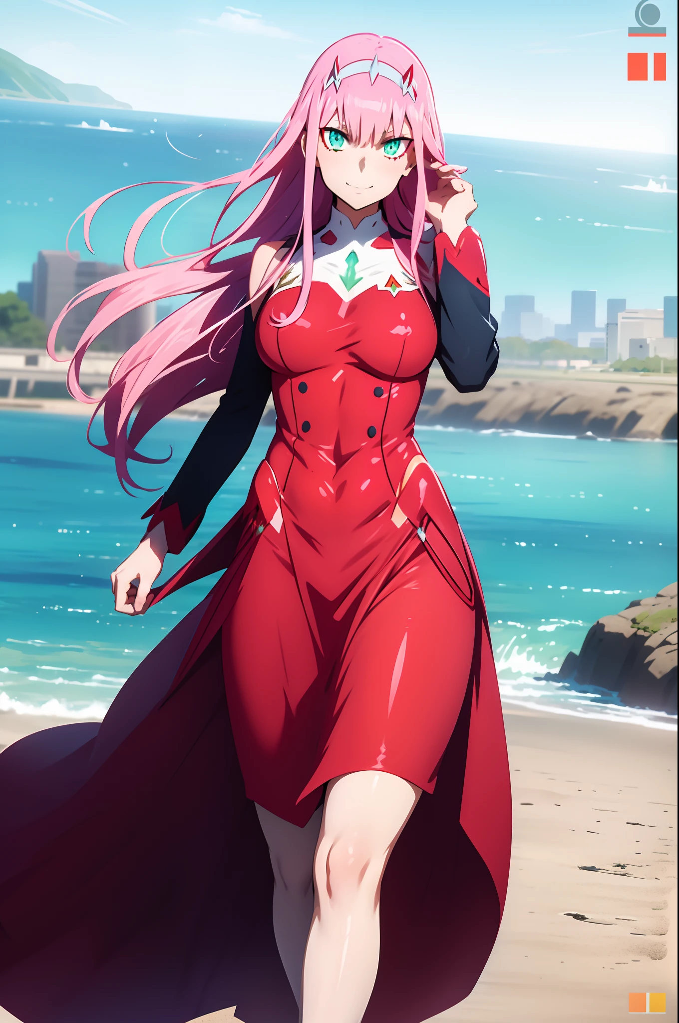 masterpiece, best quality, 1girl, looking at viewer, cute, beach, sunlight, ocean, medium breasts, thighhighs, black thighhighs, green eyes, zero two \(darling in the franxx\), pink hair, beautiful detailed eyes, beautiful detailed glow, lots of glow, arms behind head, embarrassed,, long dress, walking, long skirt, modest, victorian clothing, lodress, pants, smile, big breast, long skirt, skirt, pants, flipflops, closed vest, closed pullover, closed skirt, closed long skirt, closed large skirt, full body, village forest