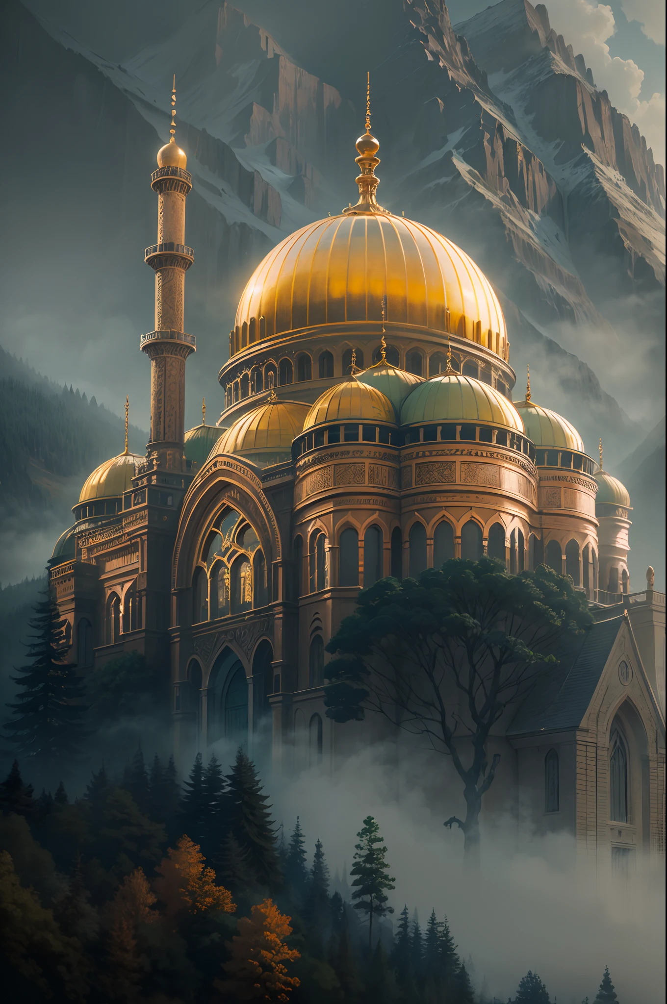 A beautiful  building, mosque building, hight tower, golden dome, epic, fog, dawn, dramatic lighting, dim light, mountain, forest, cliff