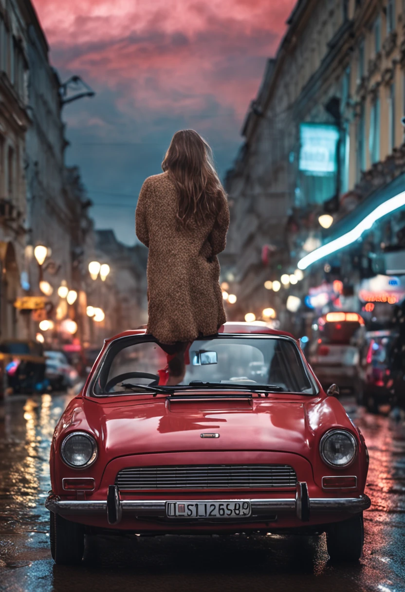 hyper realistic car in warsaw city, its raining and its night, there is a beautiful girl next to the car showcasing