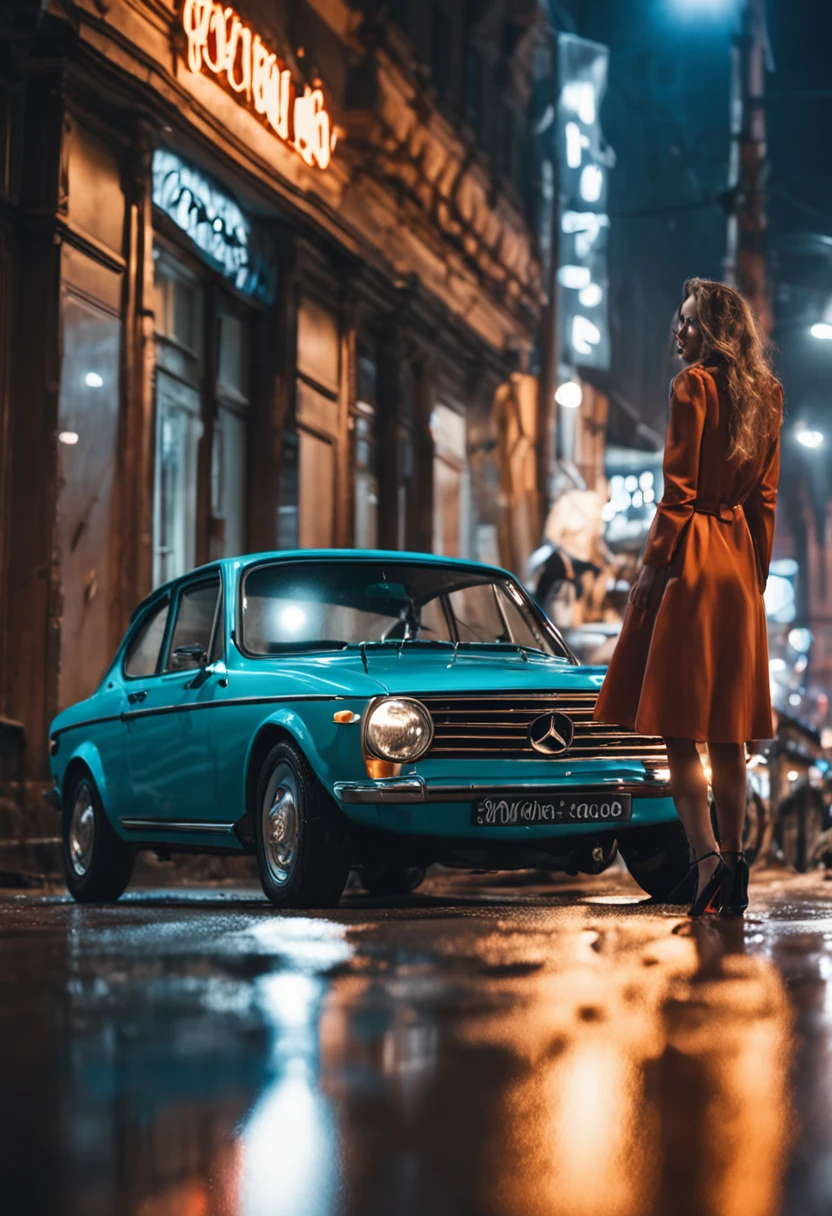 hyper realistic car in warsaw city, its raining and its night, there is a beautiful girl next to the car showcasing