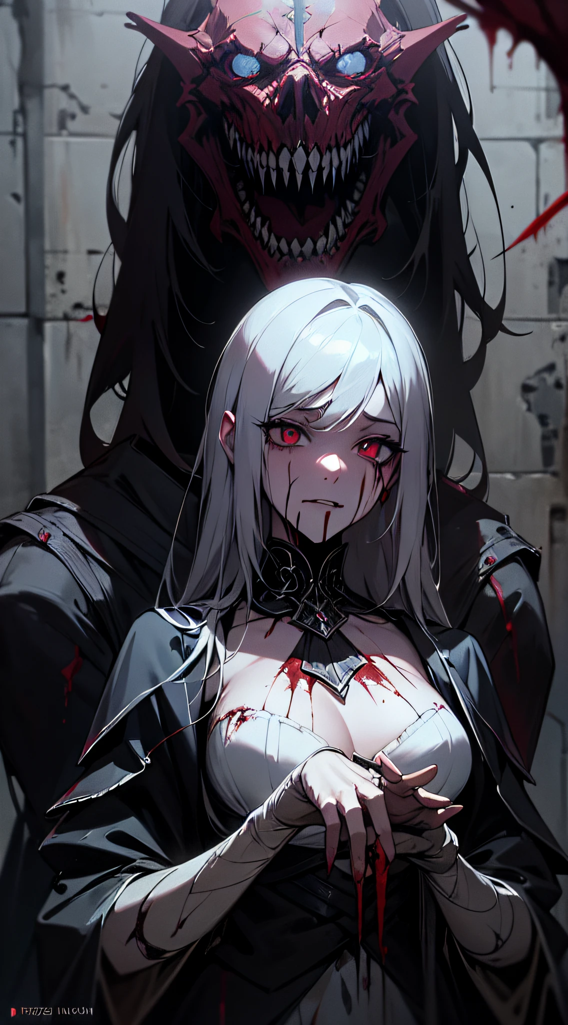 Cinematic Illumination 1 Enigmatic Maiden, Paragon, Top-notch Quality, Official Art, Exceedingly Elaborate CG Unity 8k Wallpaper, Menacing Gaze, Cursed Puppet, Derelict Psychiatric Center, Ominous Darkness, Blood-Soaked Pigment Palette, Torn Attire, ((Dark Horror Concept))