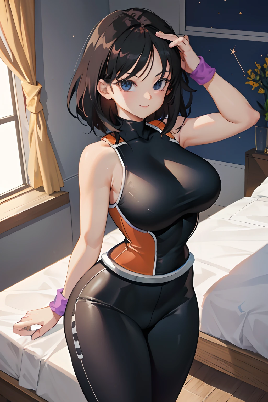 masterpiece, best quality, cowboy shot, 1girl, solo, saiyan armor, armor, black skirt, dress, wristband, black pantyhose, leggings, boots, bedroom background, indoors, nighttime, smile, happy, large breasts, wide hips, curvy, thin waist, looking at viewer, bare shoulders, (((Android 18))), spiky hair, medium hair