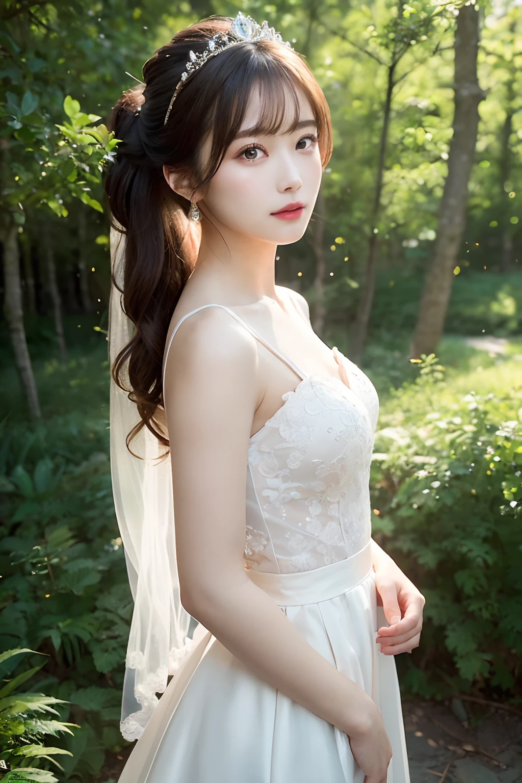 (extremely delicate and beautiful work)、(​masterpiece)、Highly detailed wedding dresses、Boat neck、Bridal tiara、Bridal Veil、poneyTail、A charming expression、Beautiful and clear eyes、Simple blurry background、mare、Ultra-fine painting、delicated face、Delicate figure、thin clavicle、Beautiful lips、、(8K、Raw photography、top-quality、​masterpiece:1.2), (reallistic, Photorealsitic:1.37)、Cute、Professional Lighting, Photon mapping, Radio City,  ((Low Angle Full Body Shot))、[[[Deep valley]]]、(The background is the forest:1.2)