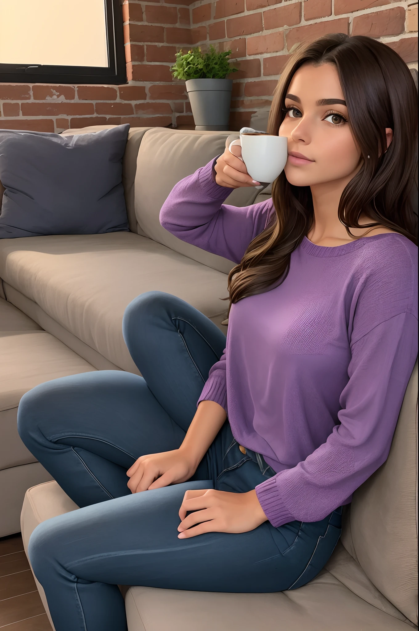 Beautiful 24 year old female drinking coffee, dark brown wavy medium length hair, light brown eyes, sitting on a couch, full view of body and legs as she sits on her legs. She is wearing a purple top with blue jeans. Brick wall behind the couch. silhouette view. She is looking to the left of the image. The couch is front facing. its at night time. full body sitting on couch crisscrossed.