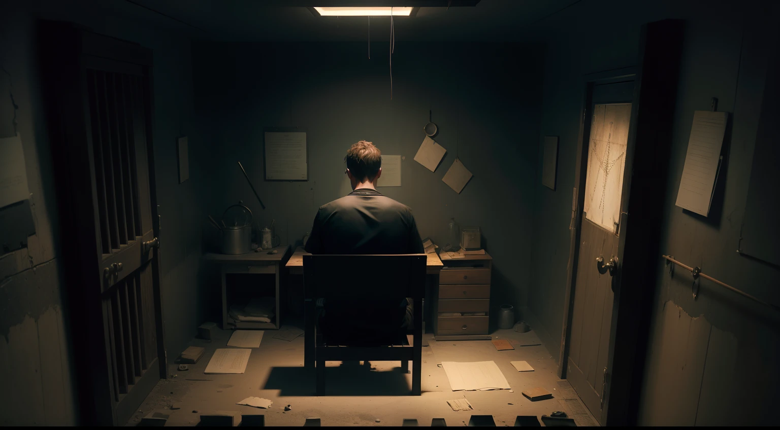 Visualize a dark, claustrophobic prison cell. Mostre Josh Longdon, A lonely man, surrounded by symbols and objects associated with black magic. Create an oppressive atmosphere that reflects your obsession.