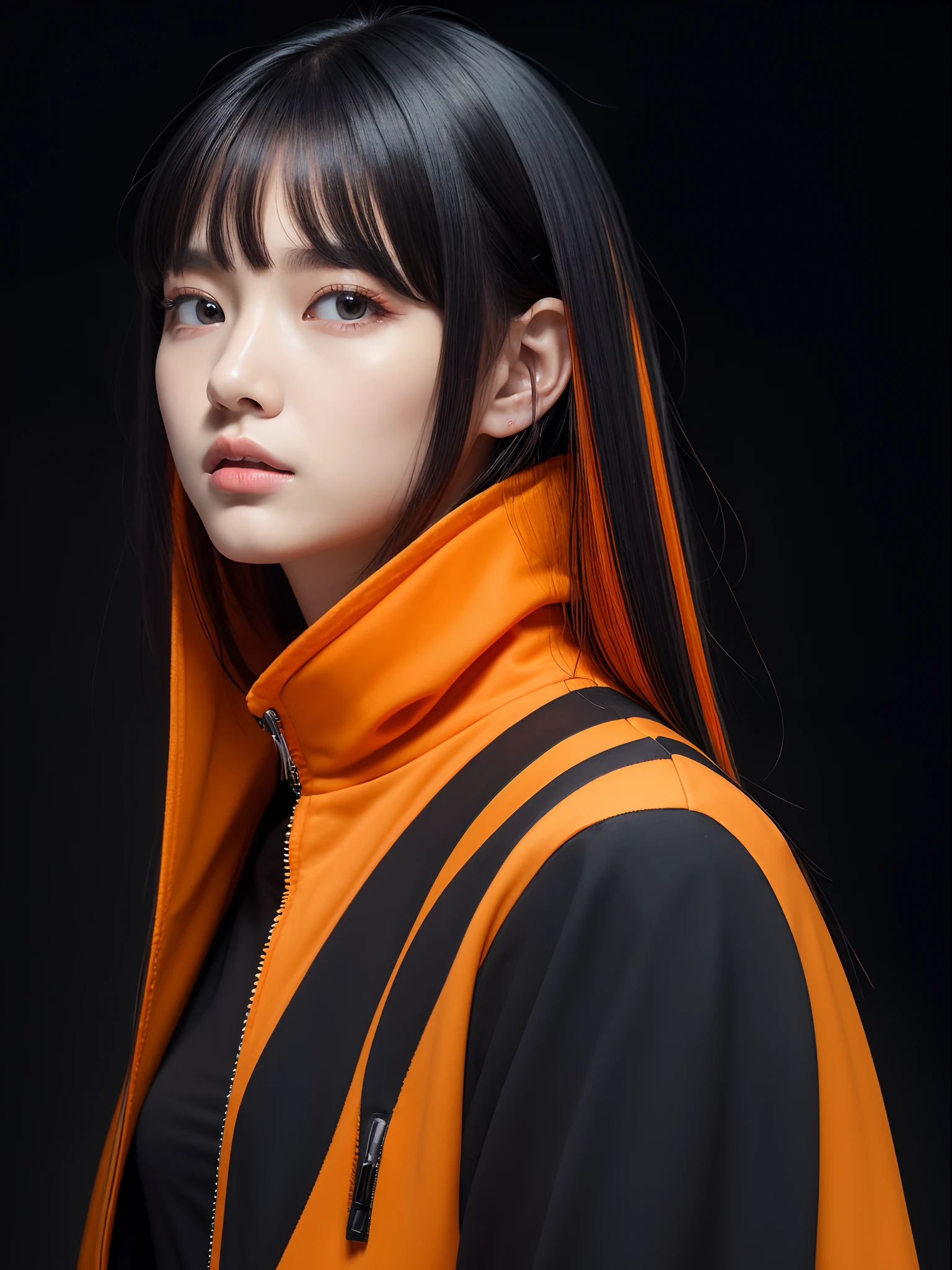 the Extremely Detailed CG Unity 8K Wallpapers、top-quality、ultra-detailliert、masterpiece、studio shoot、Full body portrait、Orange and black jacket、realisitic、Photo Real、extremely detailed cute girl、独奏、sixteen years old、side glance, Melancholy look, Hands behind your back、Black and orange stripe background, Avant-garde hair, Asymmetrical hair, Black and orange multi-colored hair,