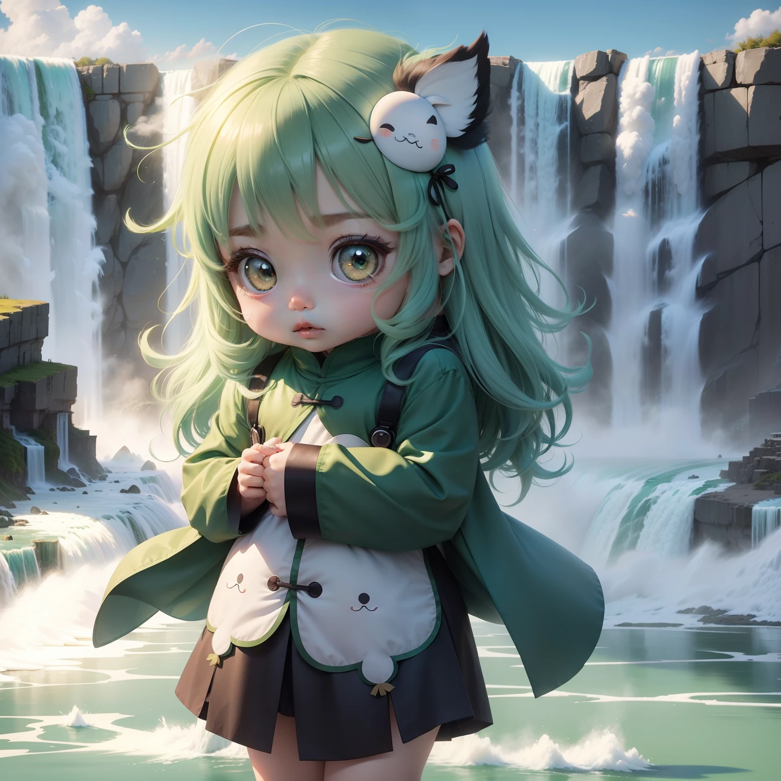 Cute Baby Chibi Anime,Pleasant look,fluffy green hair,Green and Blue Long Length Cheongsam,whale feather decoration fan,(Niagara Falls:1.2)