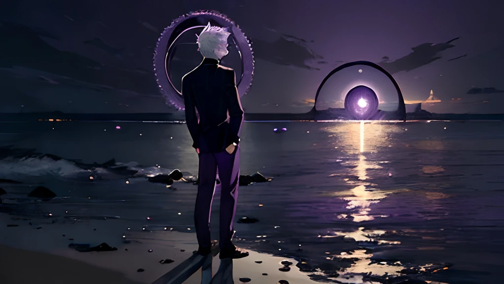 Dynamic pose, dynamic angle,from afar,((night)), beach, calm water without waves,boy at the water's edge,boy looking out to sea,arms outstretched towards the sea,messy spiky white hair, light blue eyes, purplish black suit, no tie, purplish black shirt, purplish black dress pants, rounded sunglasses, (dark purple circle on the horizon:1.6),