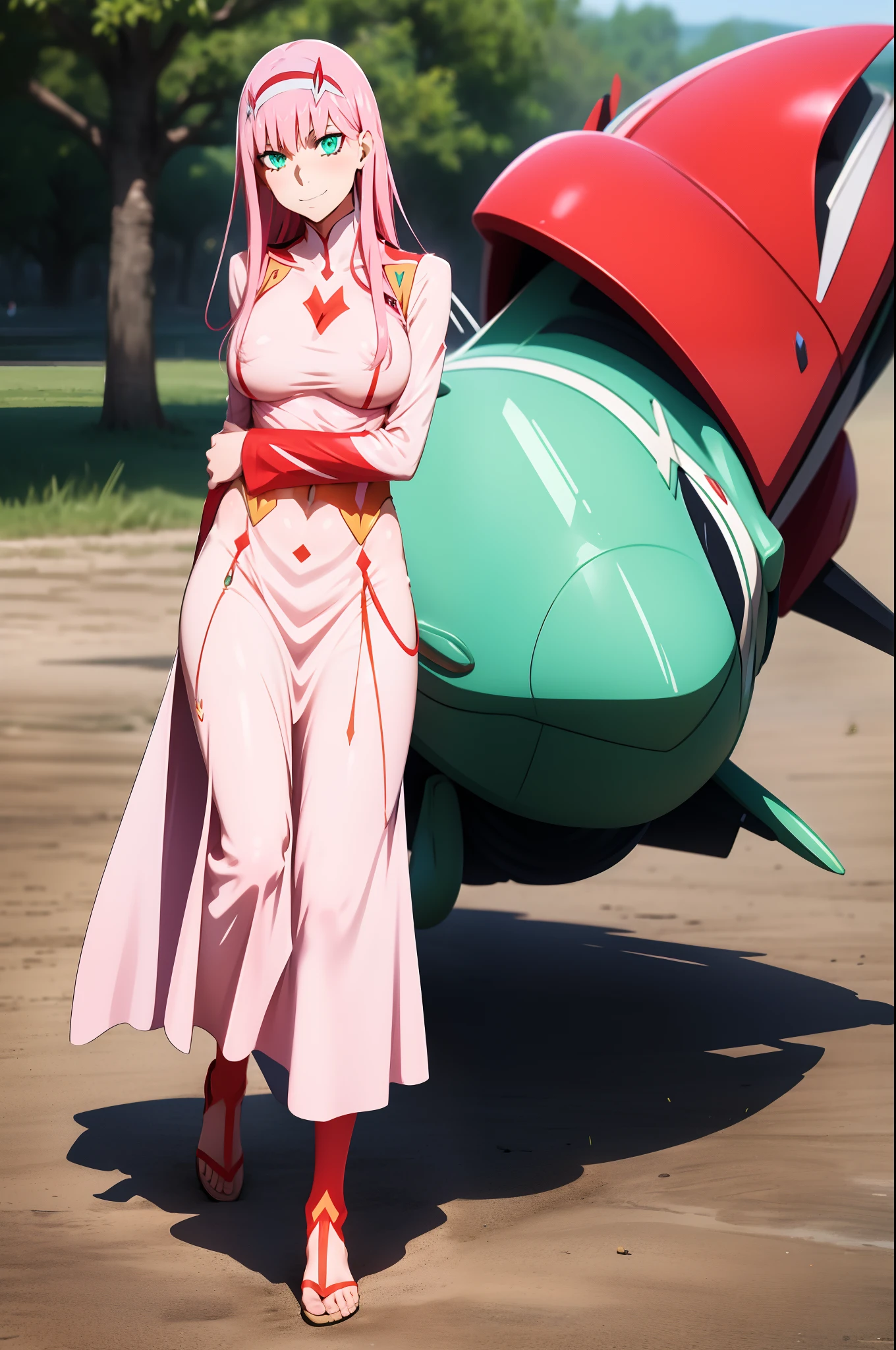 masterpiece, best quality, 1girl, looking at viewer, cute, beach, sunlight, ocean, medium breasts, thighhighs, black thighhighs, green eyes, zero two \(darling in the franxx\), pink hair, beautiful detailed eyes, beautiful detailed glow, lots of glow, arms behind head, embarrassed,, long dress, walking, long skirt, modest, victorian clothing, lodress, pants, smile, big breast, long skirt, skirt, pants, flipflops, closed vest, closed pullover, closed skirt, closed long skirt, closed large skirt, full body, village medieval,forest