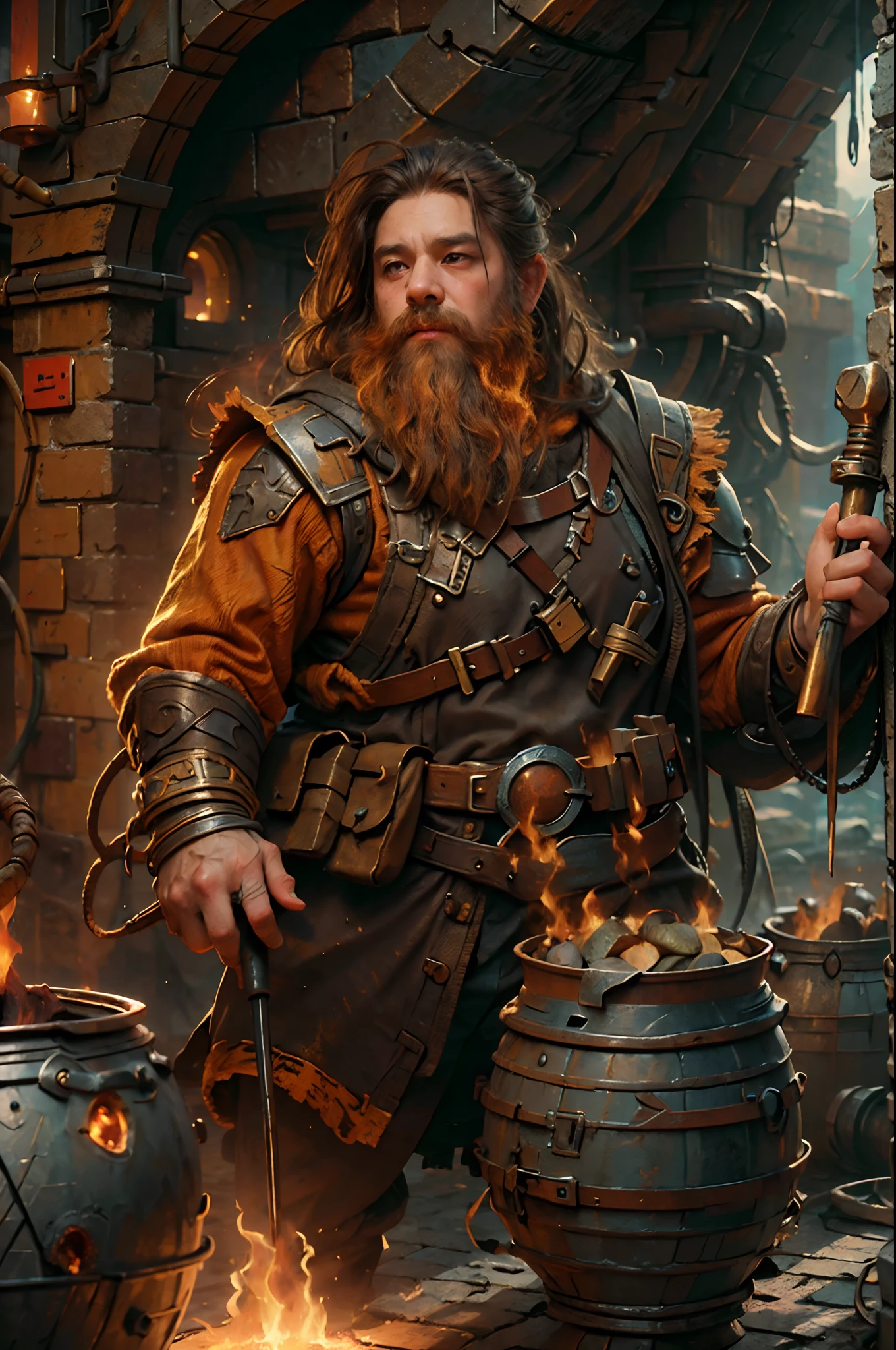 high details, best quality, 16k, RAW, [ua detailed], masterpiece, best quality, (extremely detailed), full body, ultra wide shot, photorealistic, fantasy art fantasy_world, RPG art, D&D art, a picture of a dwarf working at his furnace (intense details, Masterpiece, best quality), fantasy male dwarf (intense details, Masterpiece, best quality),(intense details, Masterpiece, best quality), brown hair, dynamic eyes color, ultra detailed face (intense details, Masterpiece, best quality), long beard, brown beard, muscular arms, wearing smith apron, holding a hammer in hand, hammer has mgical runes, shining GlowingRunes_yello yellowe runes (intense details, Masterpiece, best quality), working the furnace (intense details, Masterpiece, best quality), fiery furnace (intense details, Masterpiece, best quality), crafting magical metalic weapon, dwarven smithy and fiery forge background, shadow and light of a fiery orange (intense details, Masterpiece, fire light best quality), High Detail, Ultra High Quality, High Resolution, 16K Resolution, Ultra HD Pictures, Ultra Realistic, Clear Details, Realistic Detail, Ultra High Definition