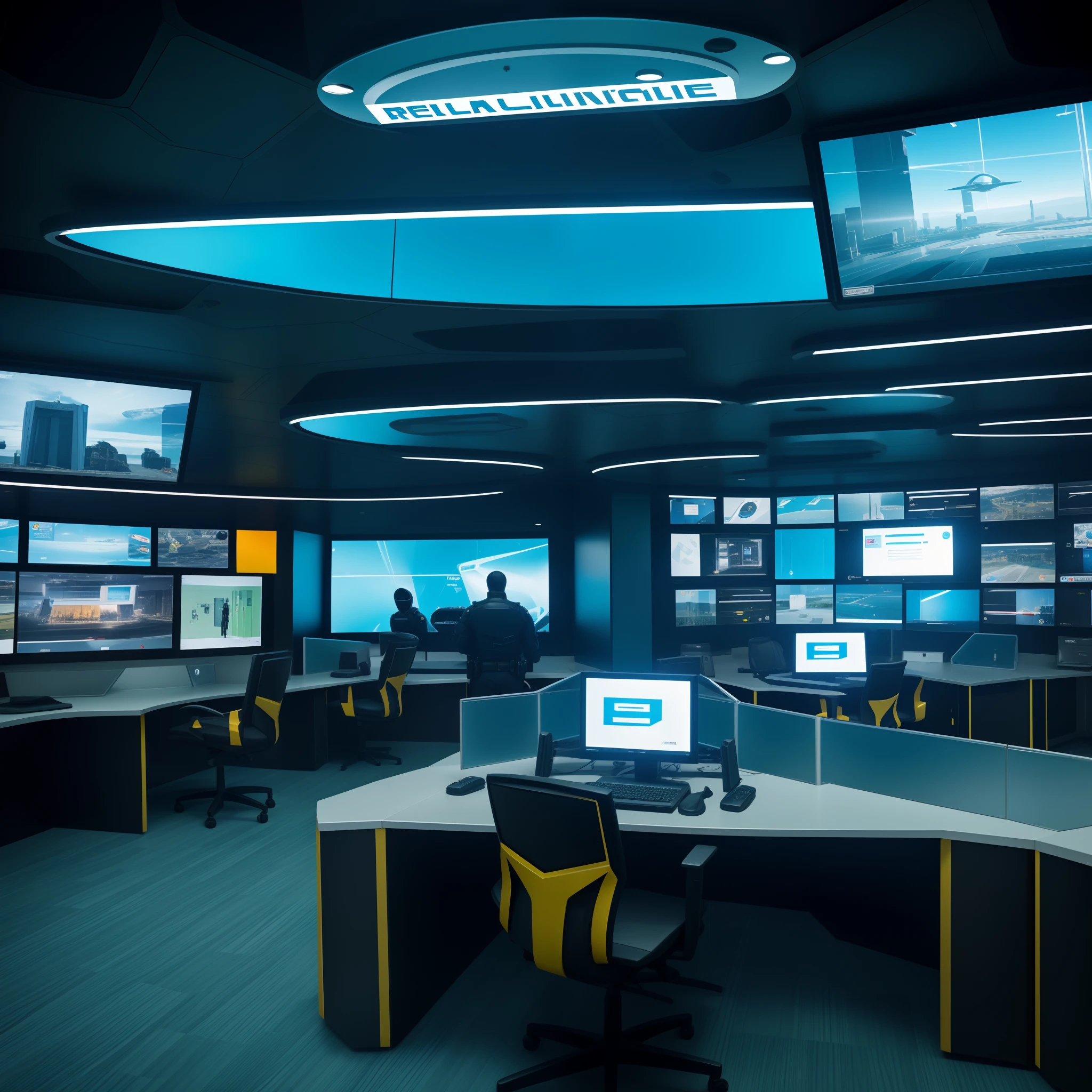 policial com distintivo dourado muito reluzente, in a futuristic environment, Conducting Futuristic Anti-Cybercrime Techniques, with futuristic computing environment, futuristic police department, glass windows in futuristic office, The year is 2067, Secret Department for Combating Cybercrime