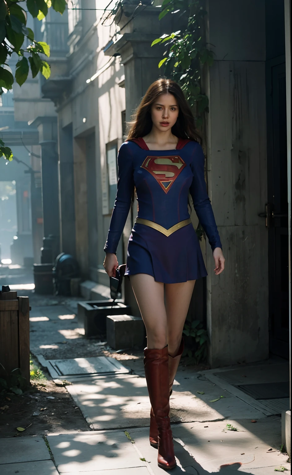 1girl,(Perfect figure,be tall and slim),solo,standing,(outdoor:1),sky,Focus on the face,Beautiful face,Detailed delicate young face,supergirl, (Super girl suit:1.5),Jumpsuit, red short skirt, glowing tighs, (huge breasts,Big tits,Big breasts:1.3),thigh gap,camel toe, long boot until below of knees, full body, realistic style,vivid picture,masterpiece, (best quality:1.2),ultra-detailed,realistic,High definition,High quality,Cinematic Light,Ray tracing,ultra high res,UHD,(photorealistic:1.5),intricate details,detailed texture,finely detailed,High quality shadow