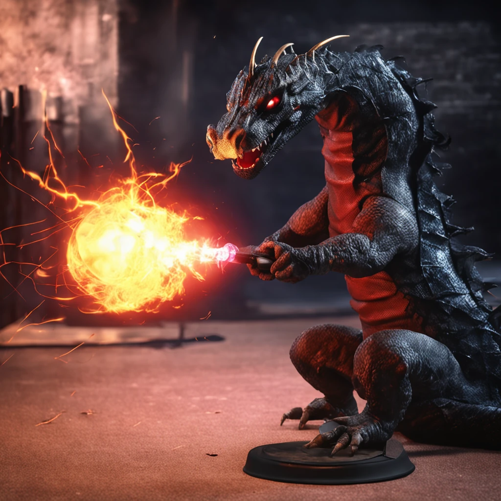 A baby black dragon training fireball  shooting in a training dummy, Best quality, Masterpiece, 超高分辨率, (photograph realistic:1.4), surrealism, Dream-like,fusionart, Shadowdancer, shadow magic, darkness control, stealth, shadowstep, umbral spells, hidden blade,