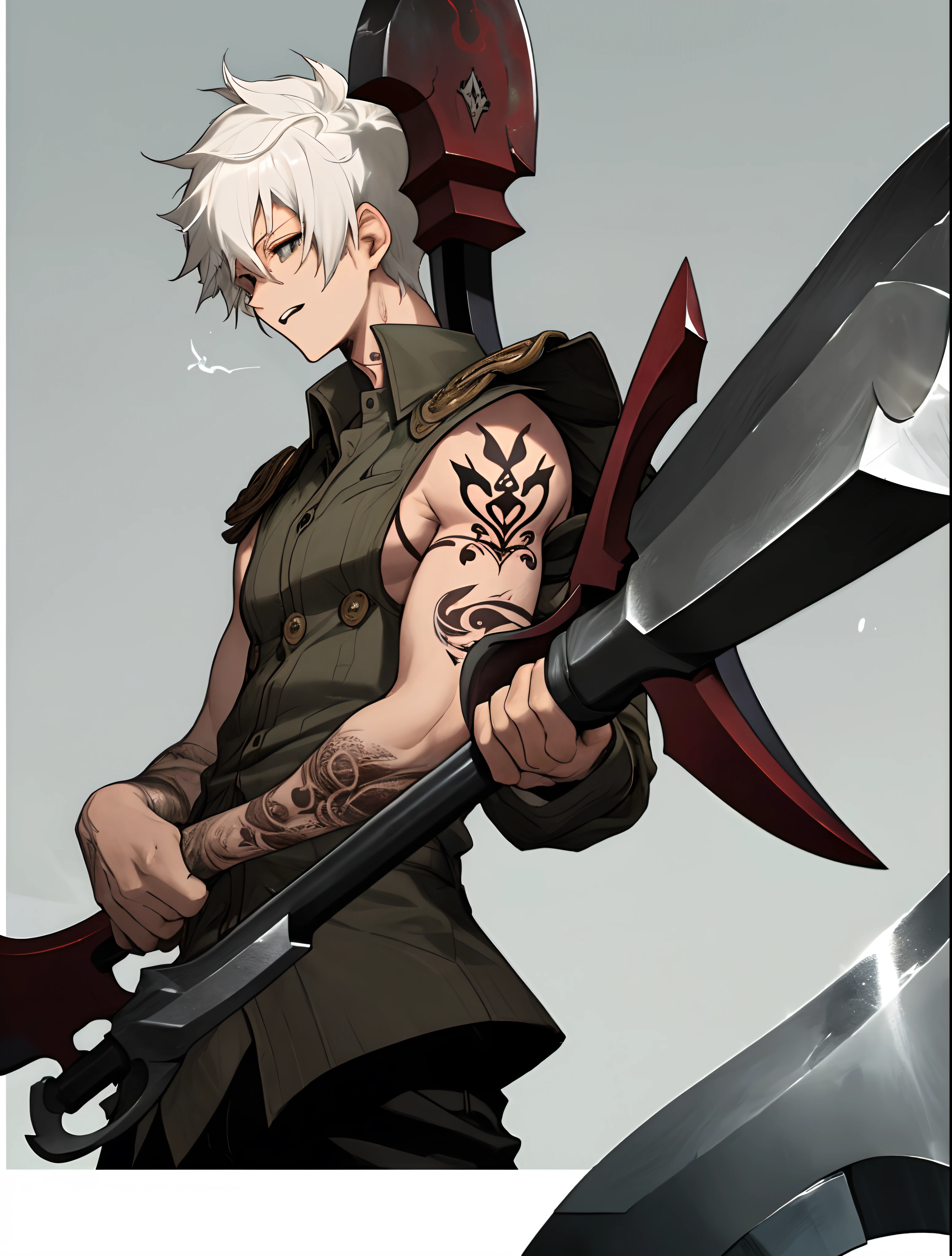 Left arm tattoo
Male
Capped mouth
War axe
Short white hair
Young